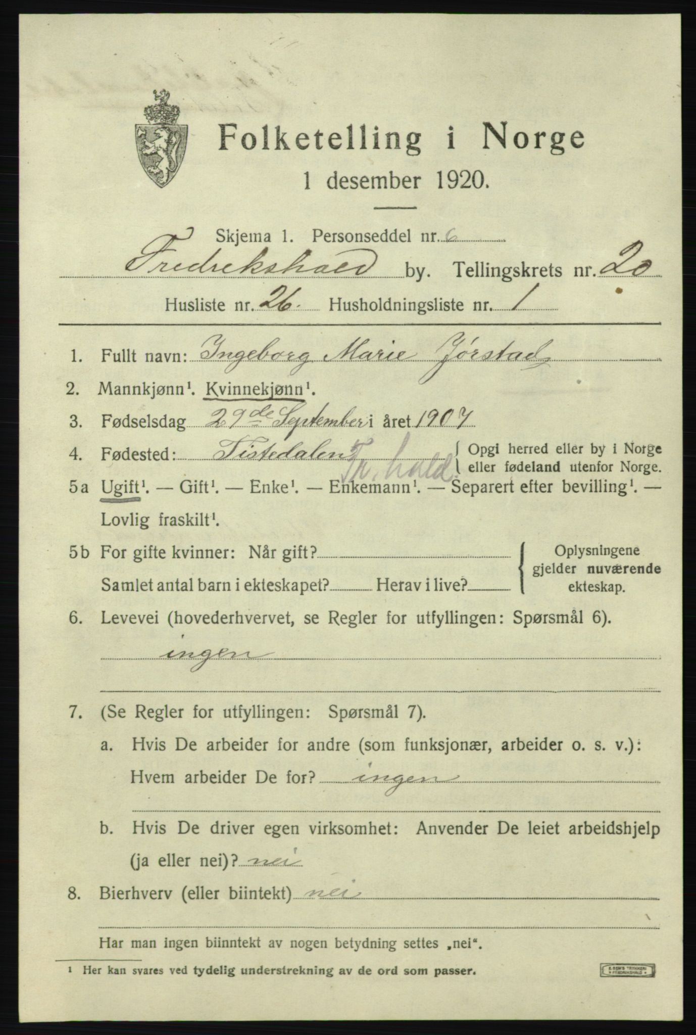 SAO, 1920 census for Fredrikshald, 1920, p. 29734