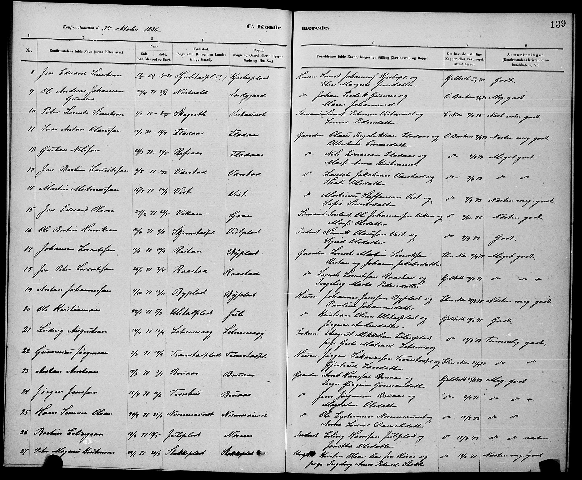 Ministerialprotokoller, klokkerbøker og fødselsregistre - Nord-Trøndelag, AV/SAT-A-1458/730/L0301: Parish register (copy) no. 730C04, 1880-1897, p. 139