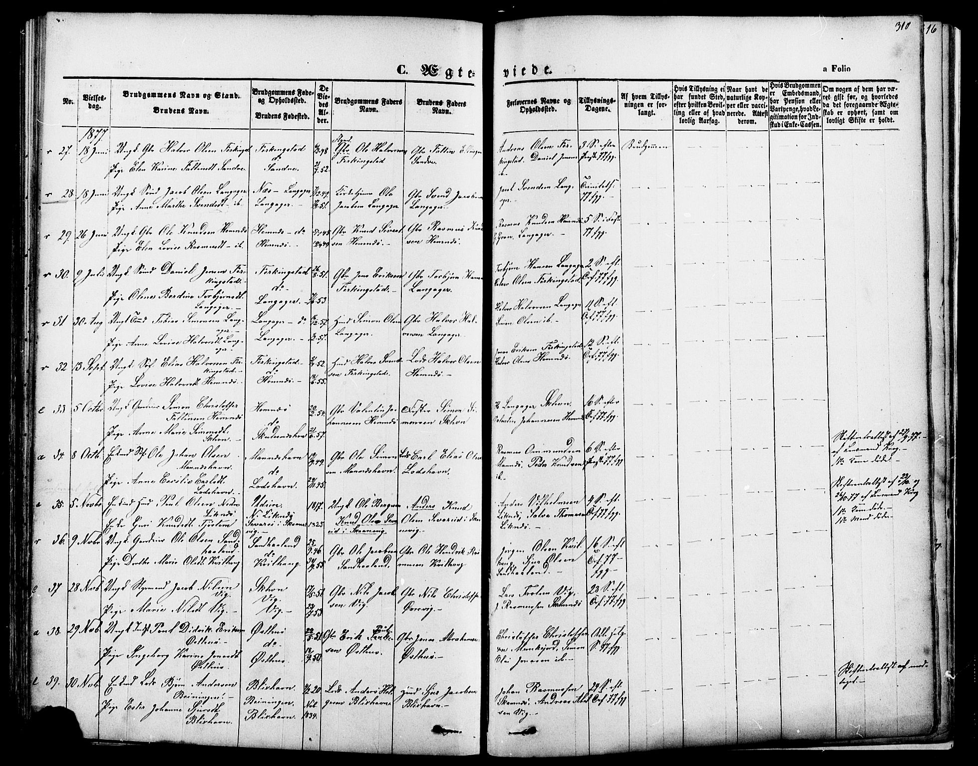 Skudenes sokneprestkontor, SAST/A -101849/H/Ha/Haa/L0006: Parish register (official) no. A 4, 1864-1881, p. 310
