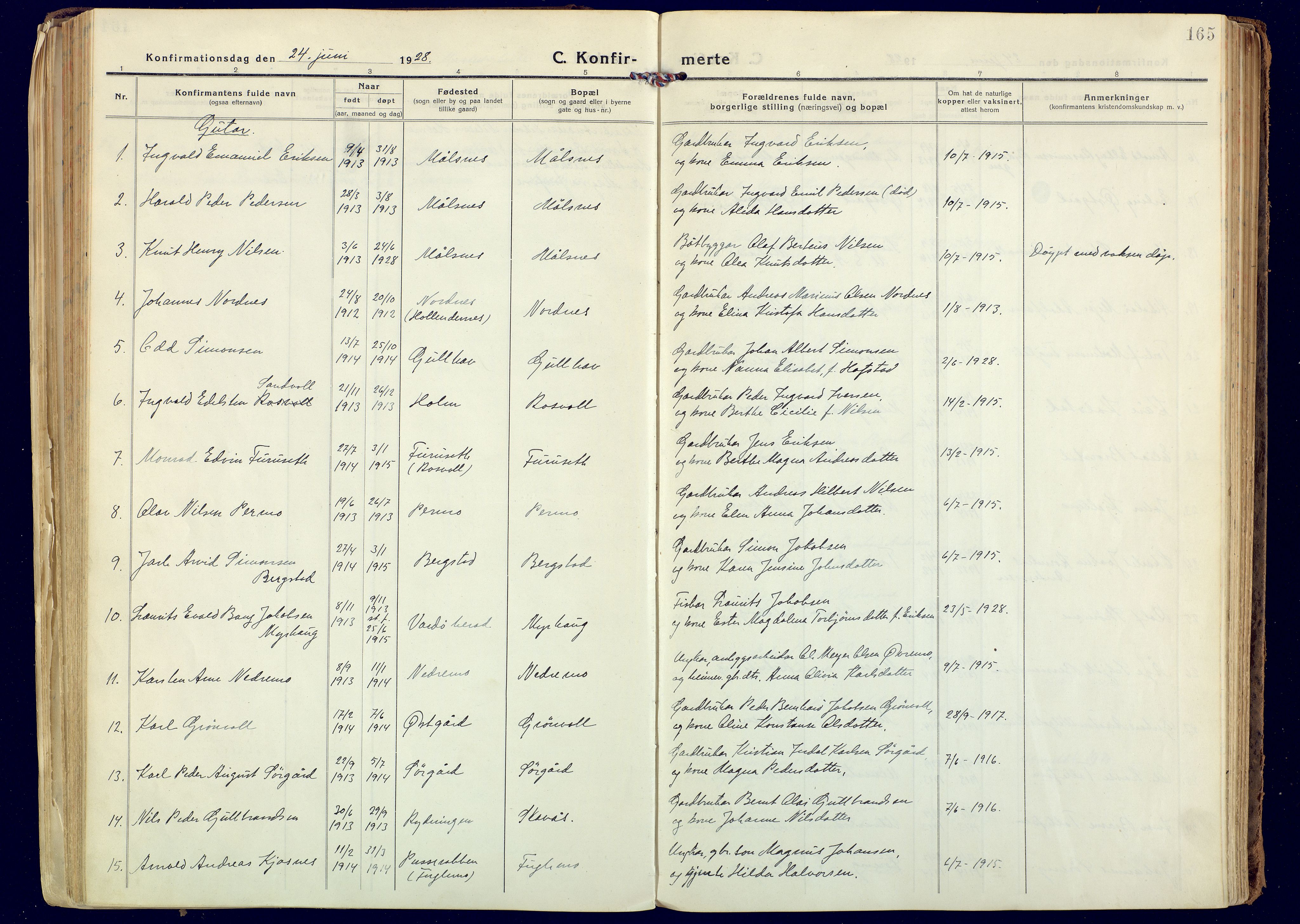 Målselv sokneprestembete, SATØ/S-1311/G/Ga/Gaa/L0014kirke: Parish register (official) no. 14, 1919-1932, p. 165