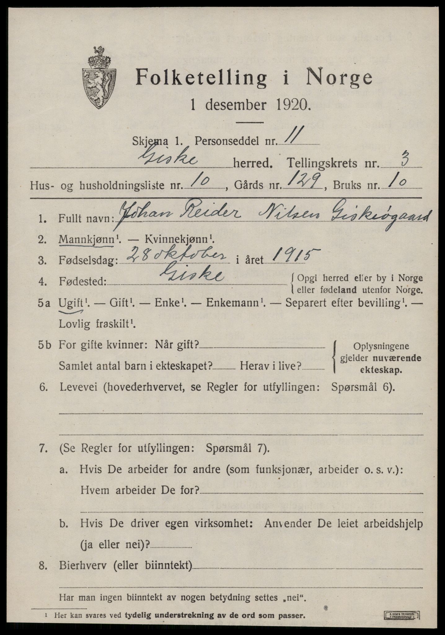 SAT, 1920 census for Giske, 1920, p. 1834