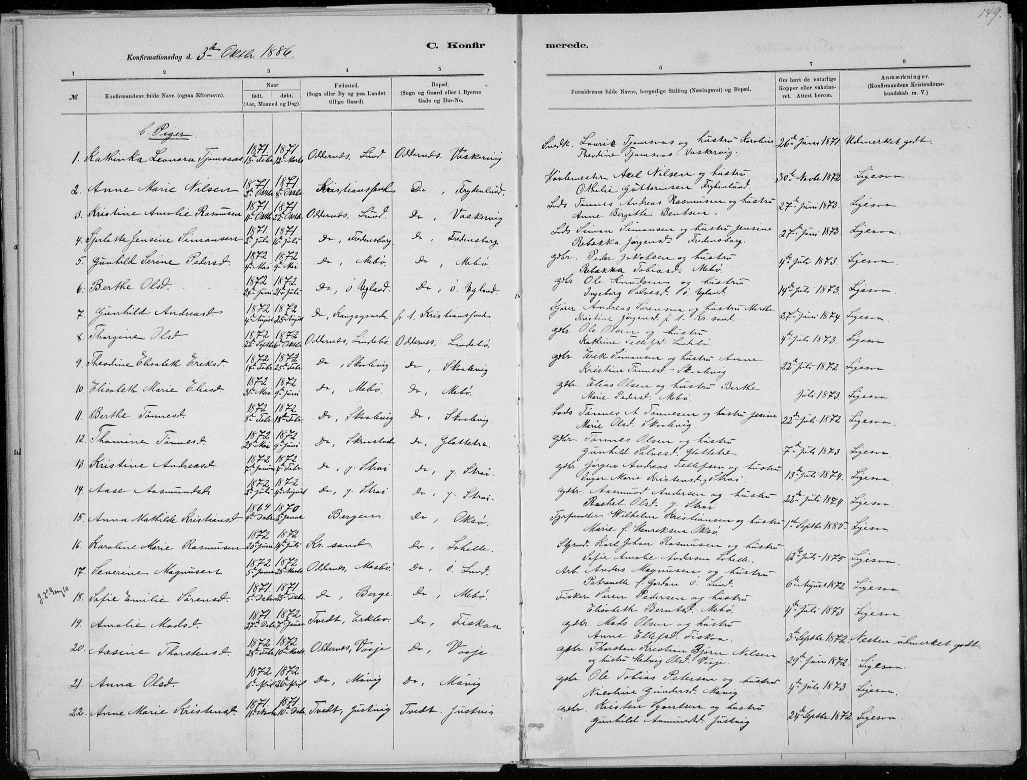 Oddernes sokneprestkontor, SAK/1111-0033/F/Fa/Faa/L0009: Parish register (official) no. A 9, 1884-1896, p. 149