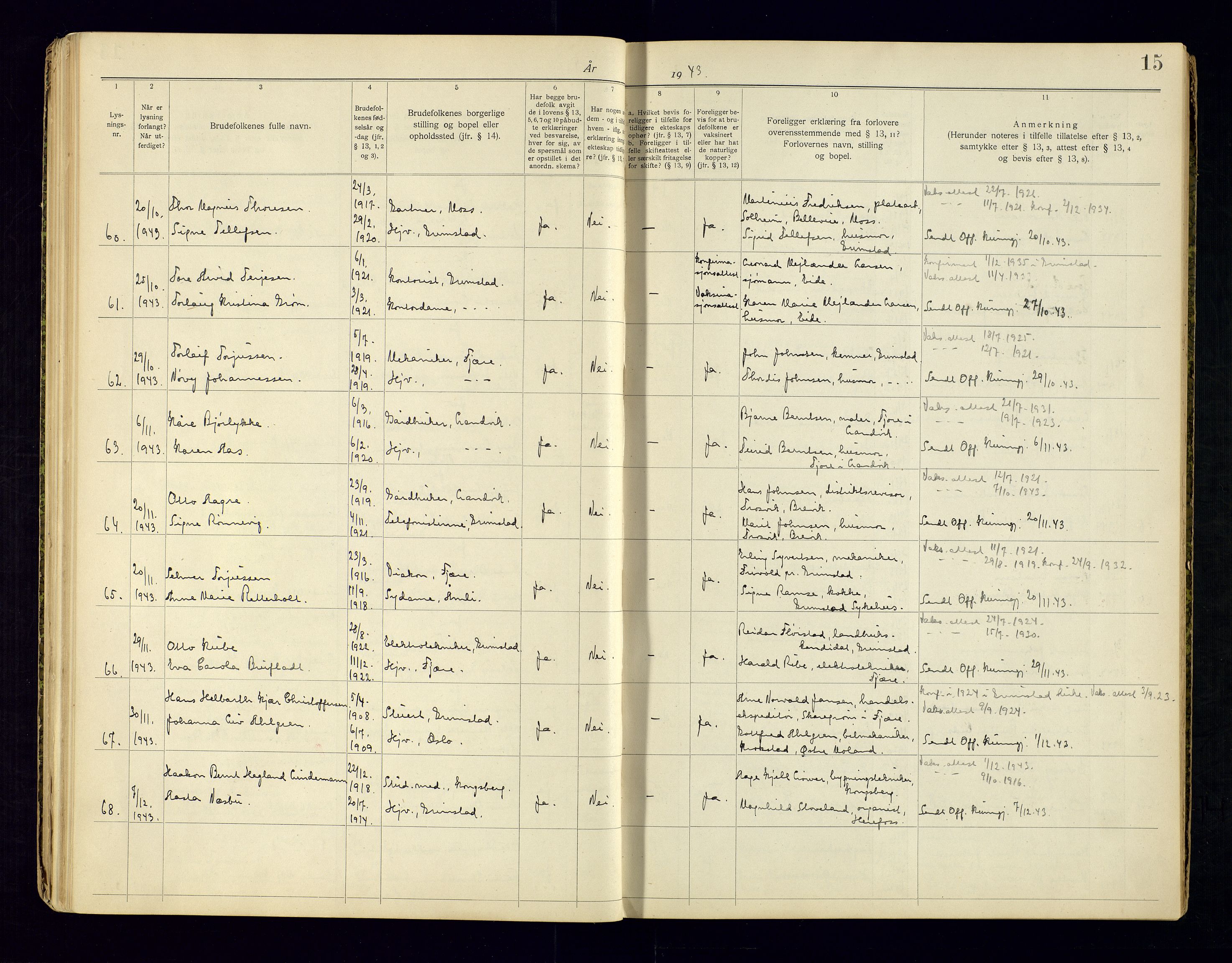 Sand sorenskriveri - 2, AV/SAK-1221-0110/I/Ib/L0532/0001: Lysning og vigsel / Lysningsbok for Grimstad, 1920-1969, p. 15