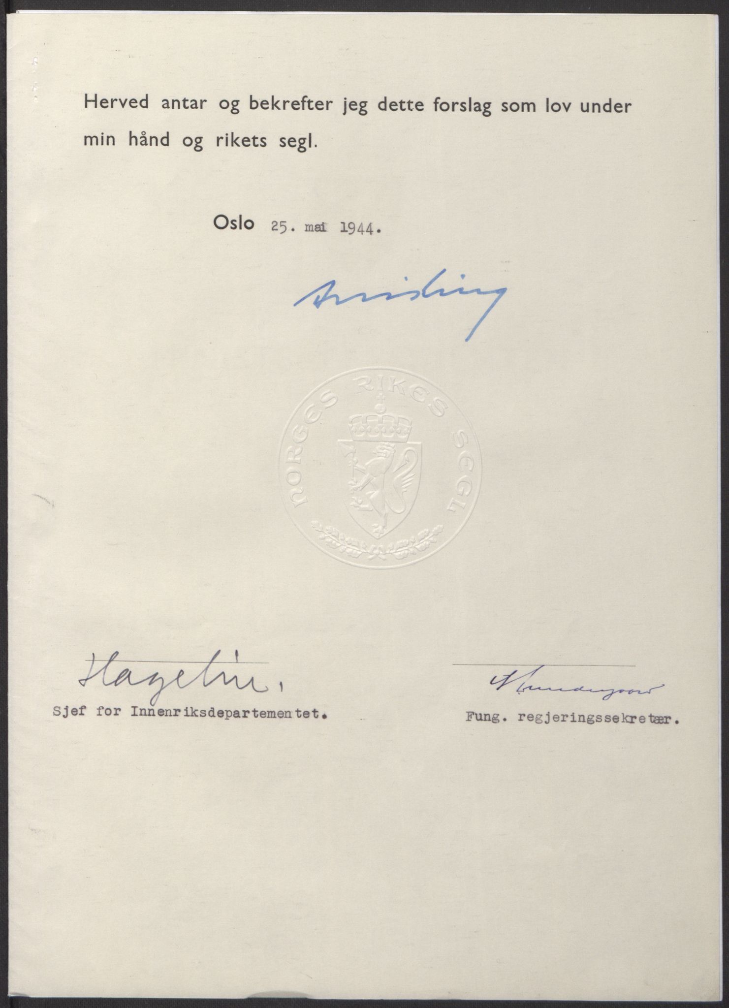 NS-administrasjonen 1940-1945 (Statsrådsekretariatet, de kommisariske statsråder mm), RA/S-4279/D/Db/L0100: Lover, 1944, p. 246