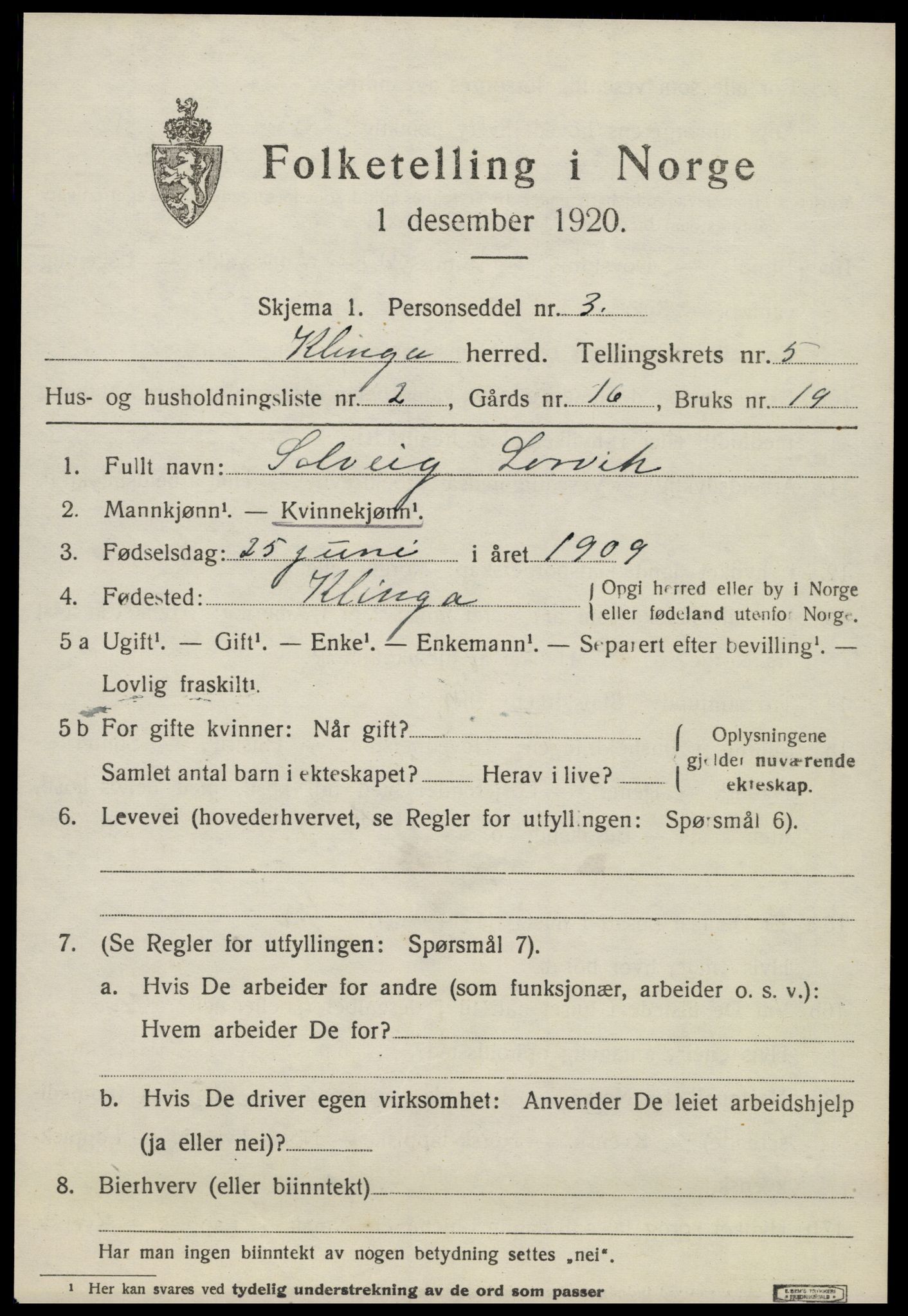 SAT, 1920 census for Klinga, 1920, p. 2869