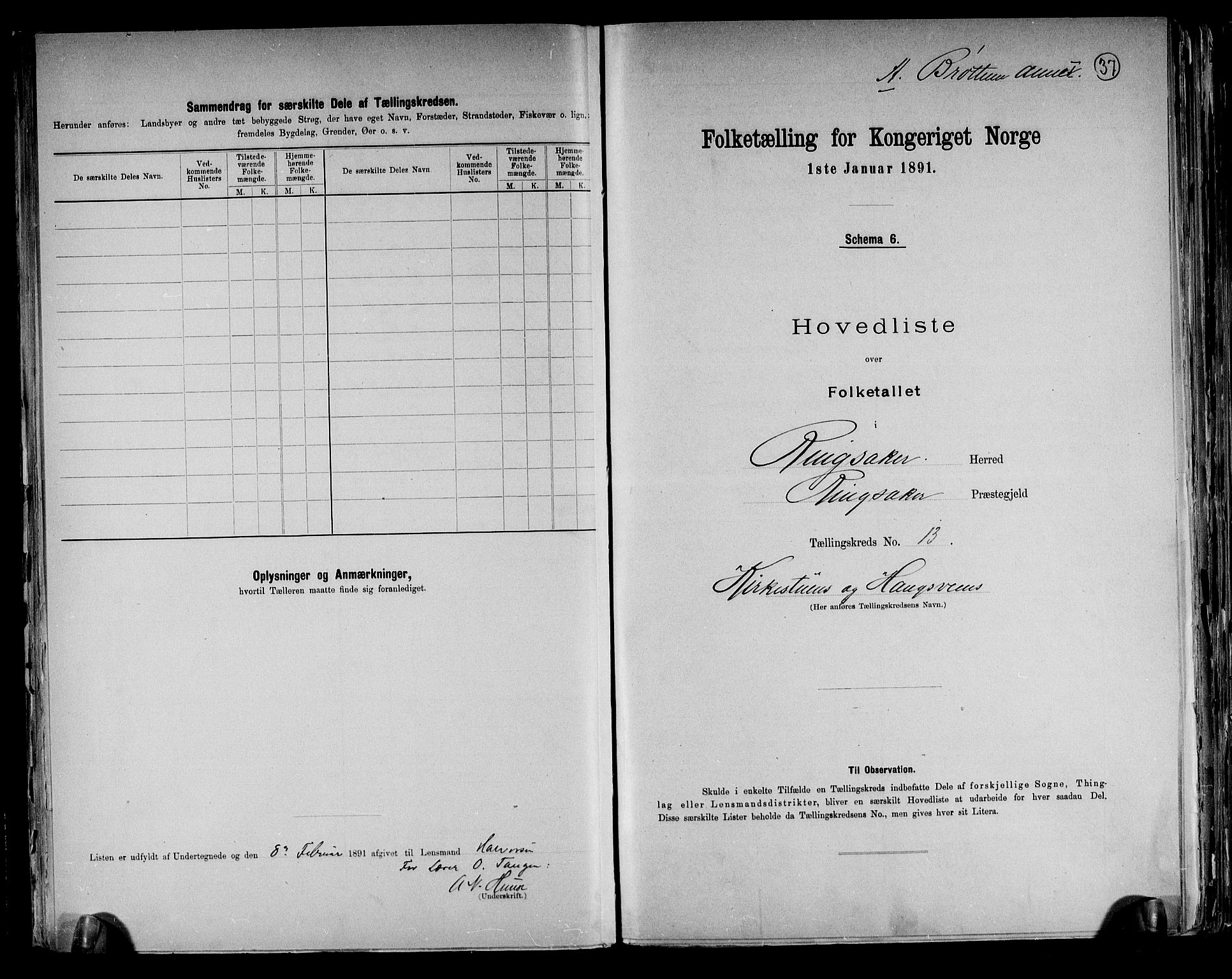 RA, 1891 census for 0412 Ringsaker, 1891, p. 37