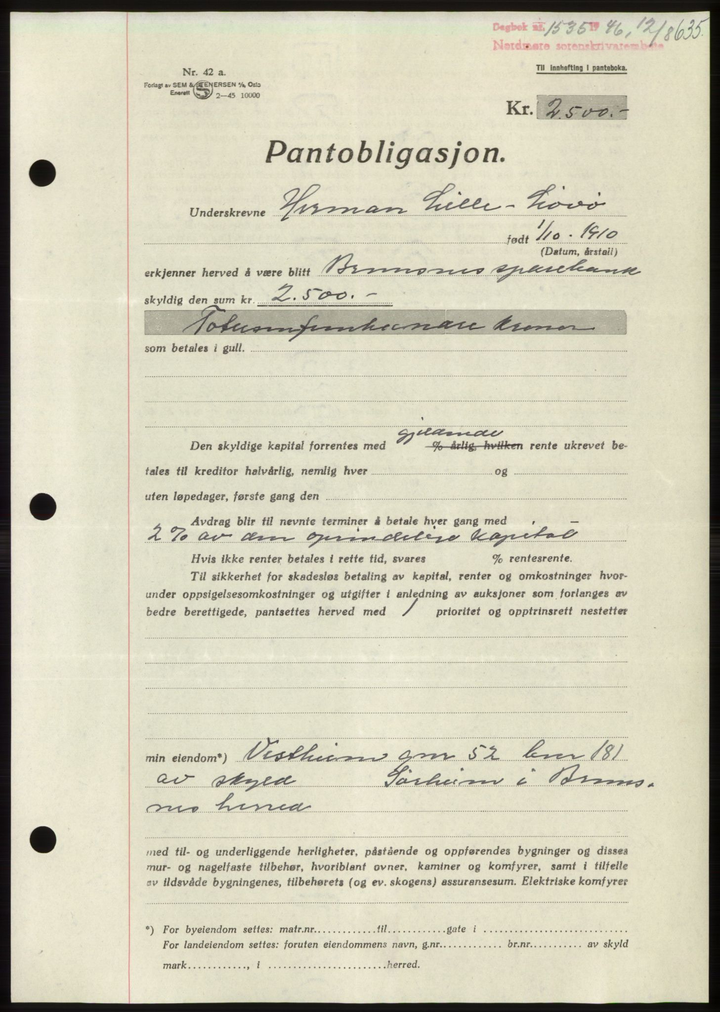 Nordmøre sorenskriveri, AV/SAT-A-4132/1/2/2Ca: Mortgage book no. B94, 1946-1946, Diary no: : 1535/1946