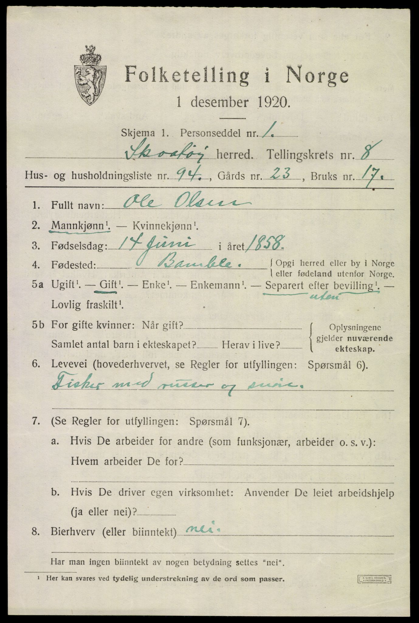 SAKO, 1920 census for Skåtøy, 1920, p. 6638