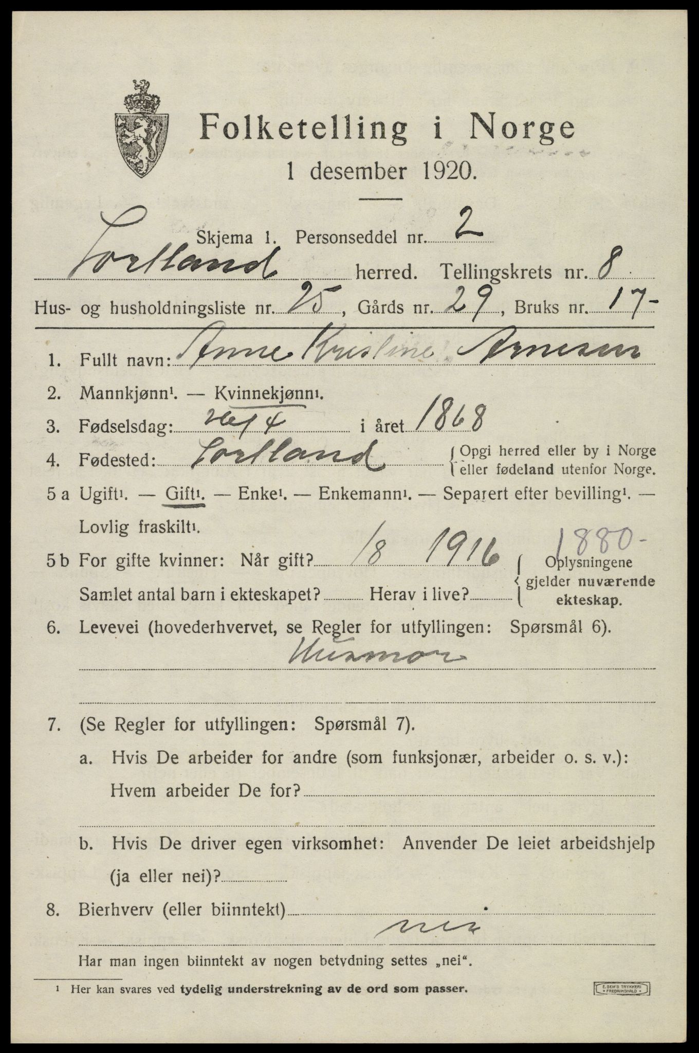 SAT, 1920 census for Sortland, 1920, p. 7116