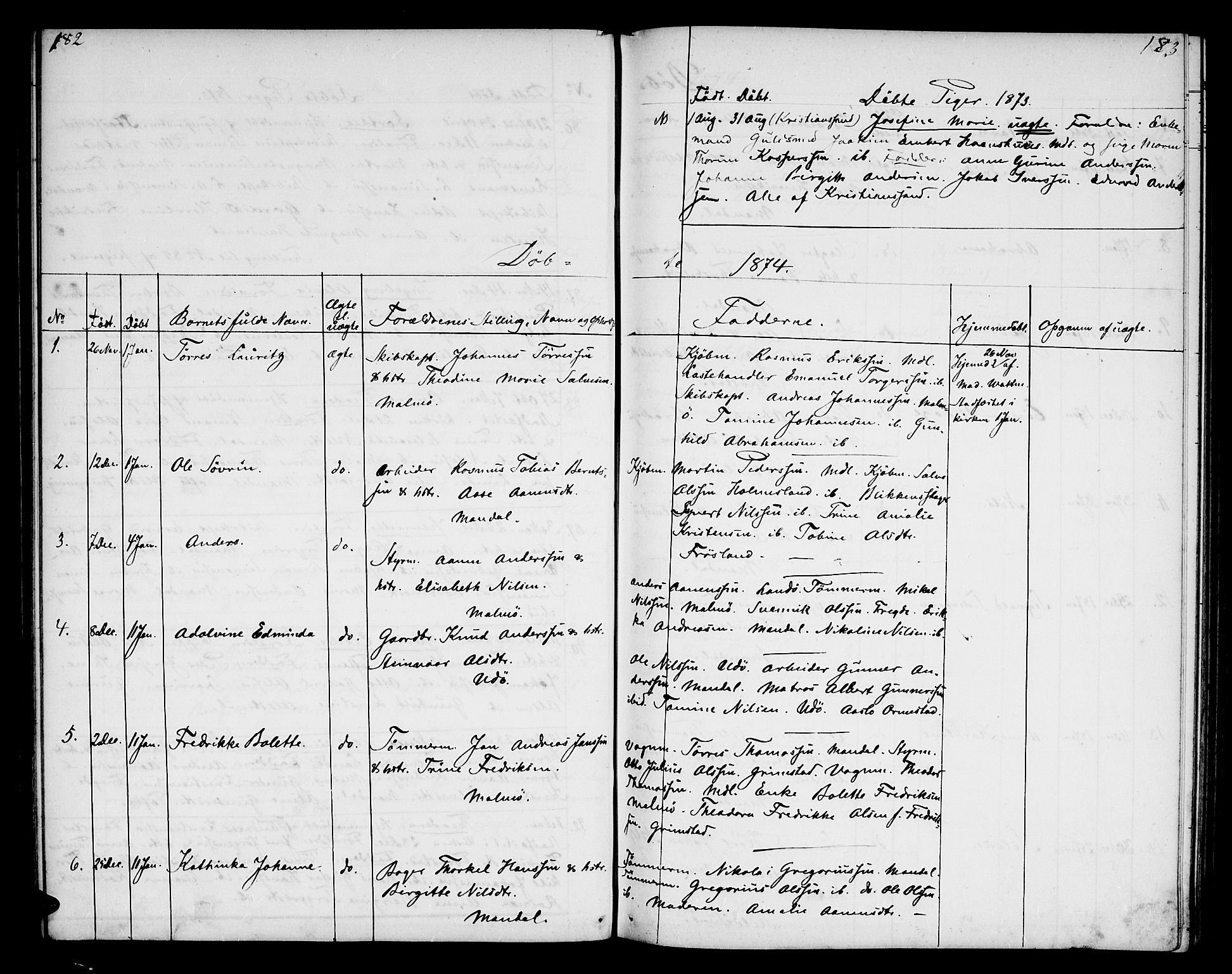 Mandal sokneprestkontor, SAK/1111-0030/F/Fb/Fba/L0009: Parish register (copy) no. B 3, 1867-1877, p. 182-183