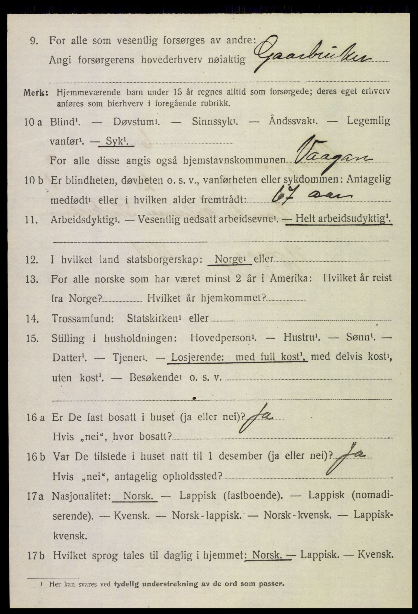 SAT, 1920 census for Vågan, 1920, p. 8108