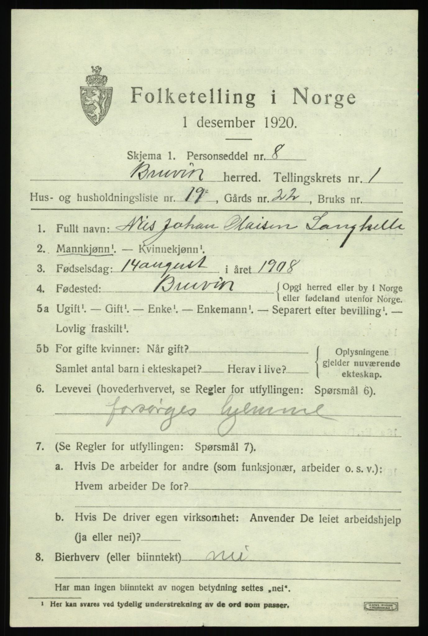 SAB, 1920 census for Bruvik, 1920, p. 1350