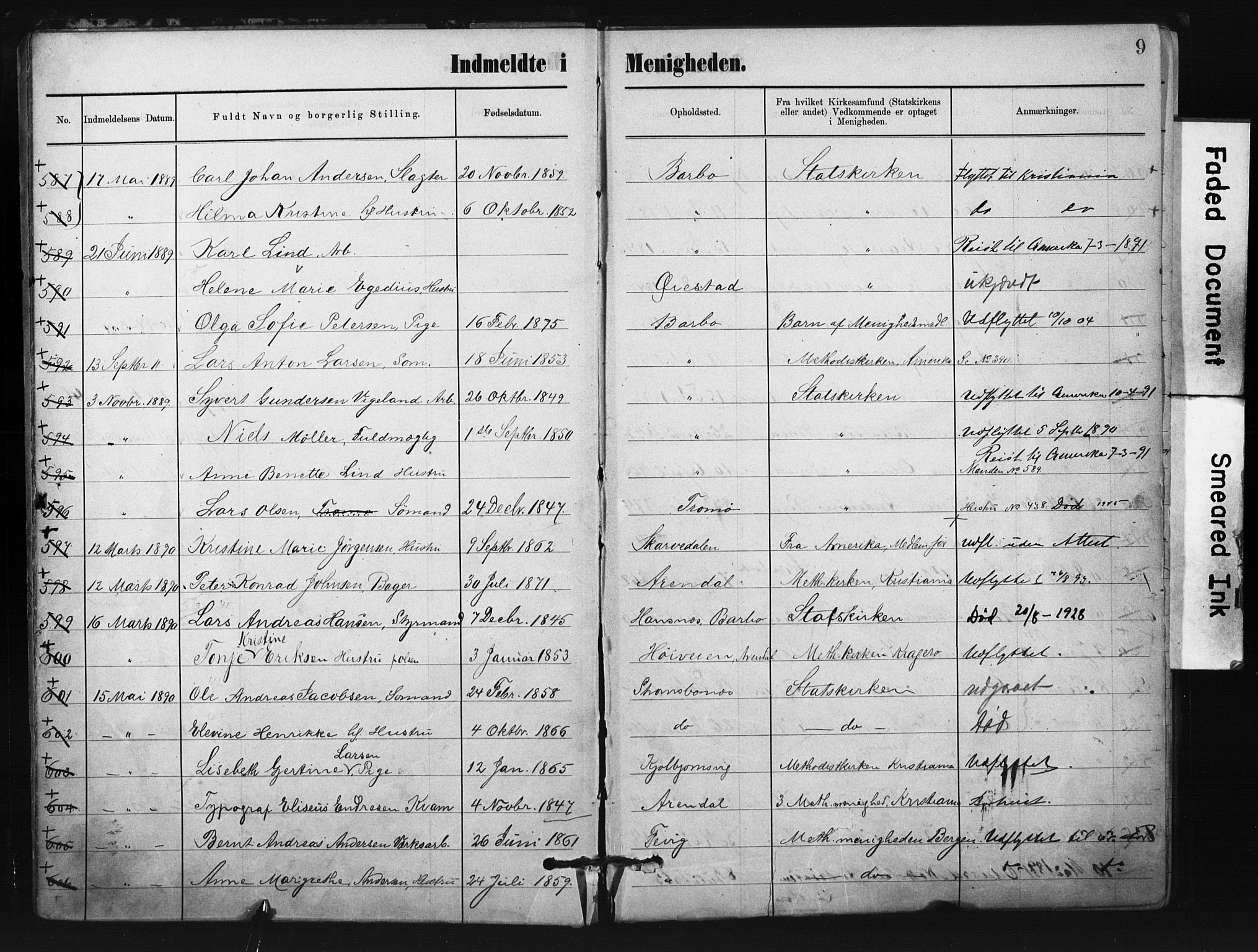 Metodistmenigheten, Arendal, SAK/1292-0011/F/Fa/L0004: Dissenter register no. F-4, 1883-1892, p. 9