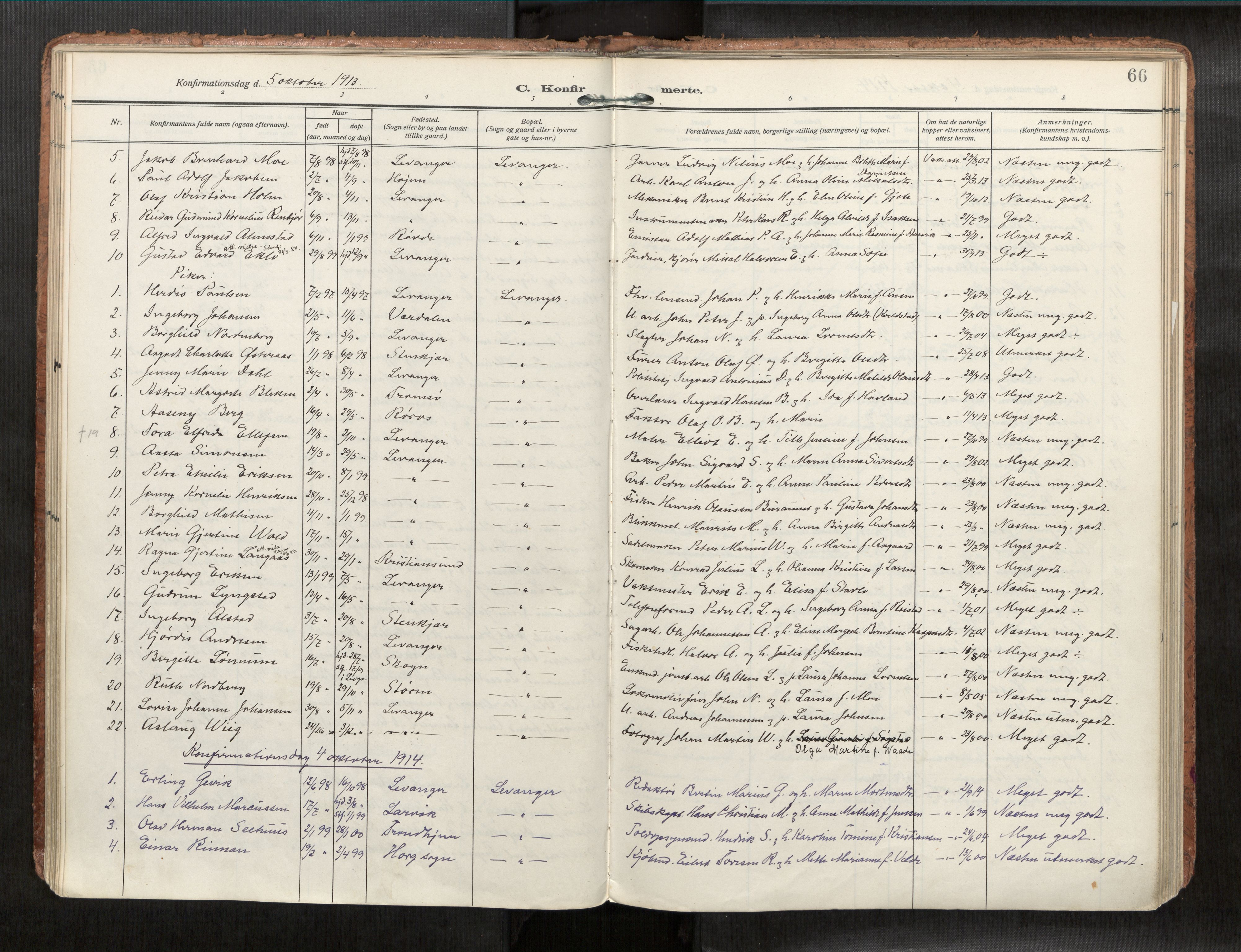 Levanger sokneprestkontor, SAT/A-1301/2/H/Haa/L0001: Parish register (official) no. 1, 1912-1932, p. 66