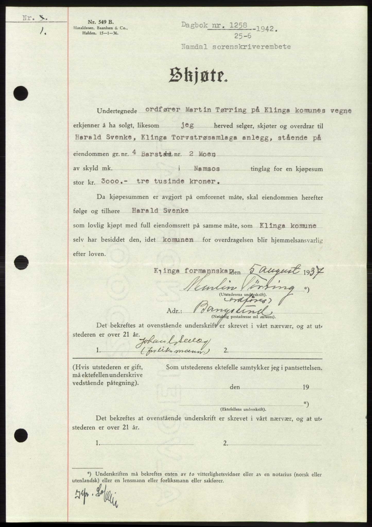 Namdal sorenskriveri, SAT/A-4133/1/2/2C: Mortgage book no. -, 1941-1942, Diary no: : 1258/1942