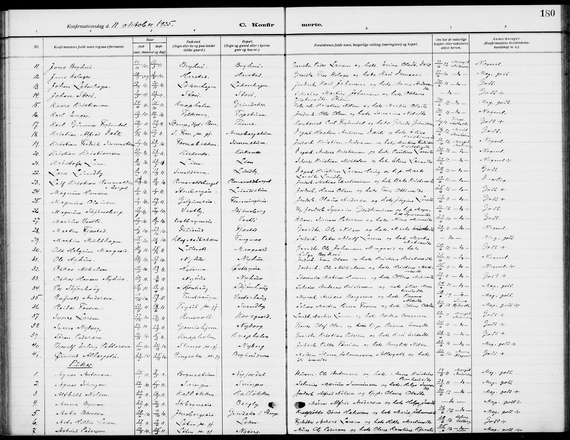 Romedal prestekontor, AV/SAH-PREST-004/K/L0012: Parish register (official) no. 12, 1913-1935, p. 180