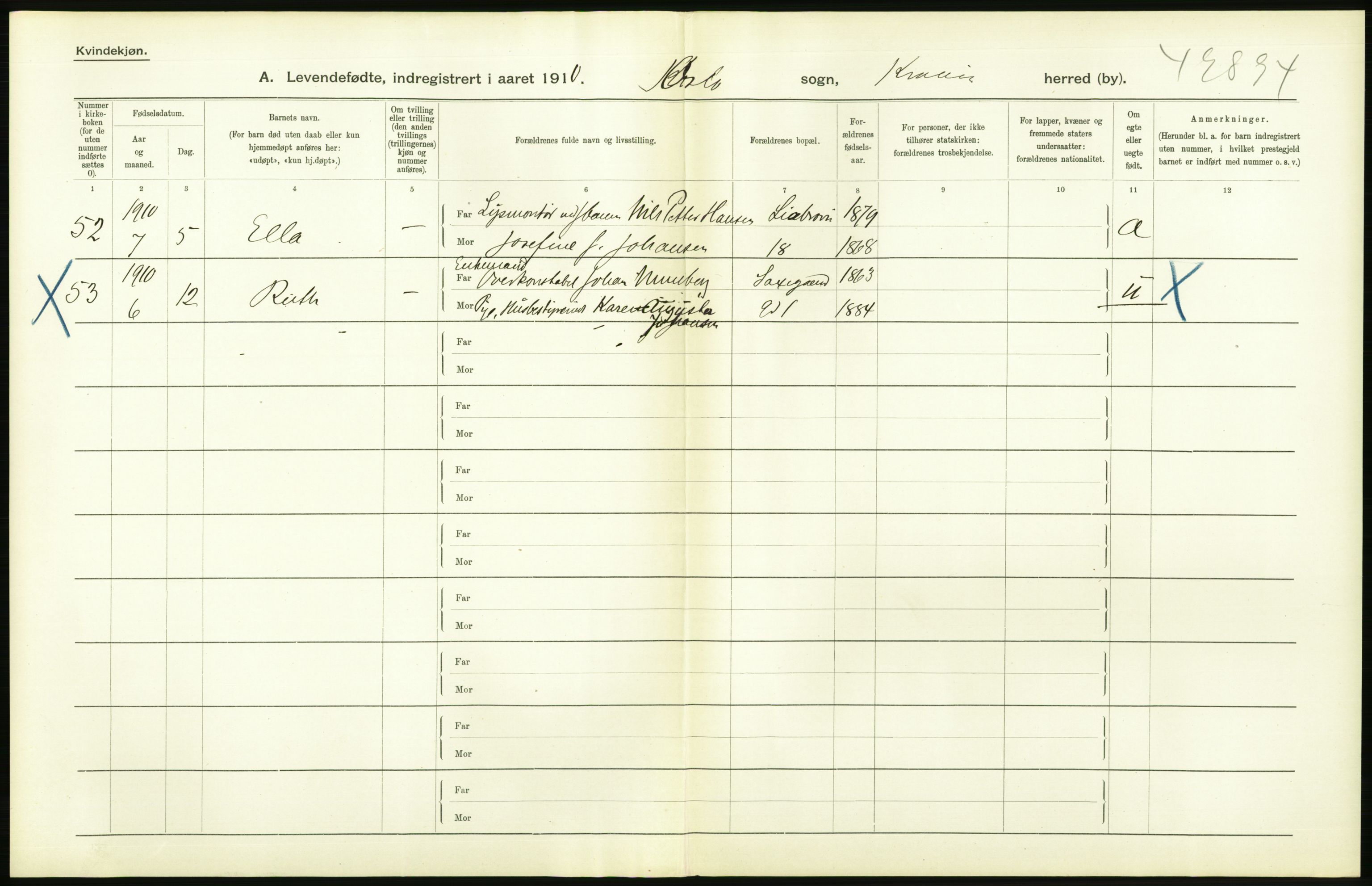 Statistisk sentralbyrå, Sosiodemografiske emner, Befolkning, RA/S-2228/D/Df/Dfa/Dfah/L0007: Kristiania: Levendefødte kvinner., 1910, p. 372