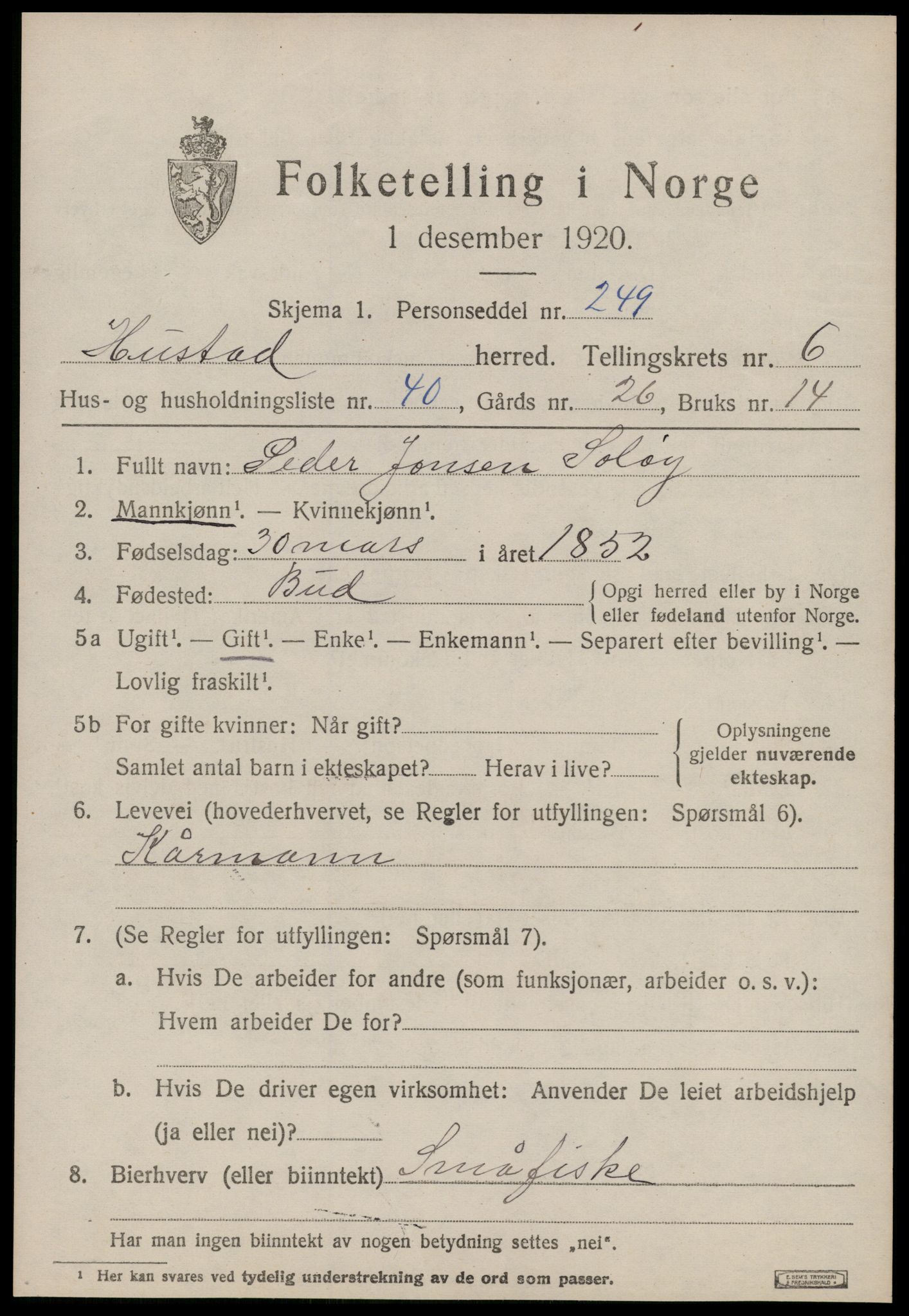 SAT, 1920 census for Hustad, 1920, p. 4663