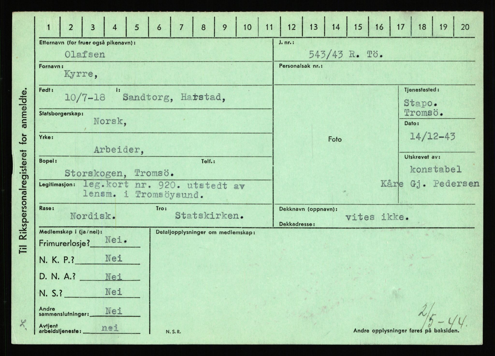 Statspolitiet - Hovedkontoret / Osloavdelingen, AV/RA-S-1329/C/Ca/L0012: Oanæs - Quistgaard	, 1943-1945, p. 187