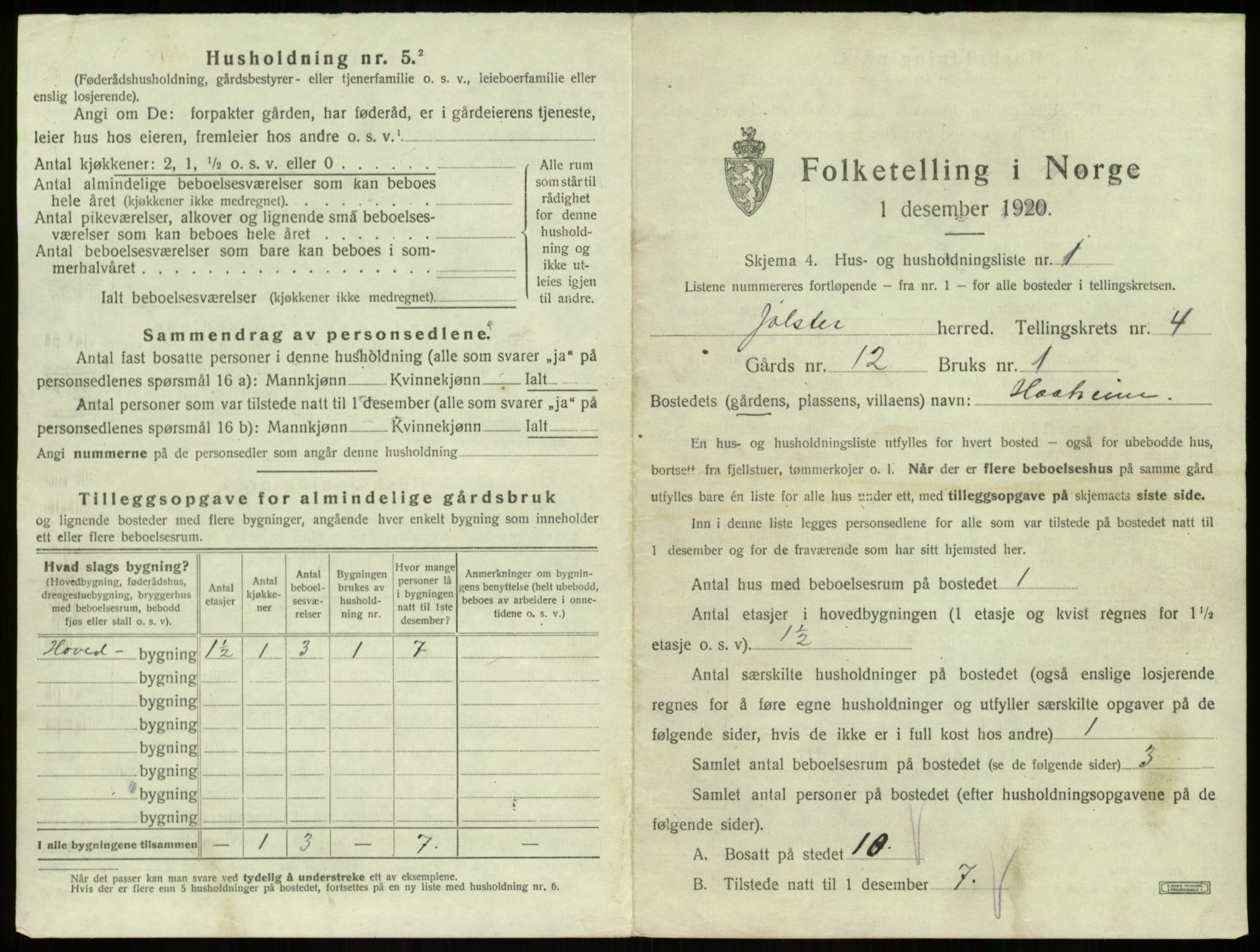 SAB, 1920 census for Jølster, 1920, p. 270