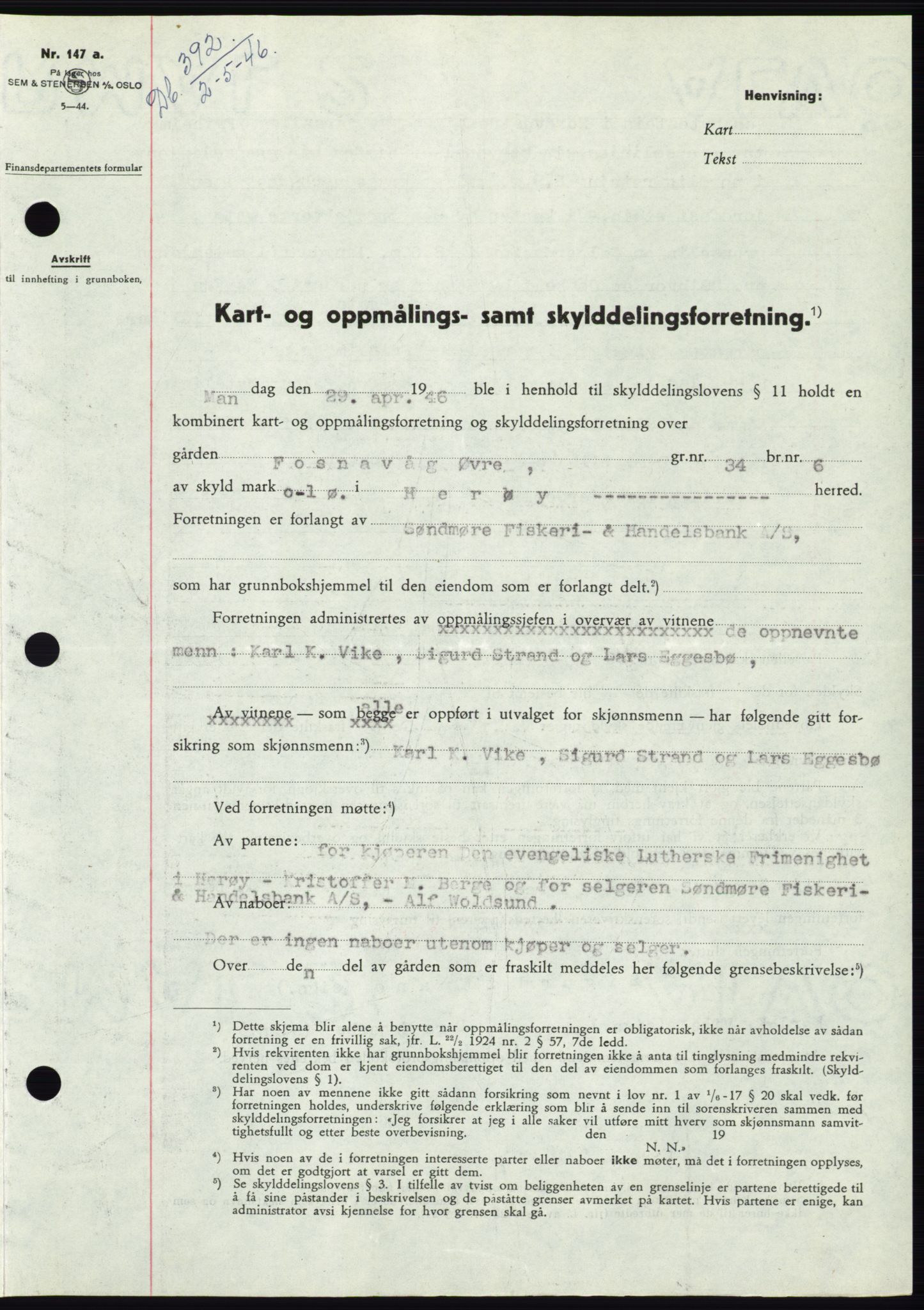 Søre Sunnmøre sorenskriveri, AV/SAT-A-4122/1/2/2C/L0078: Mortgage book no. 4A, 1946-1946, Diary no: : 392/1946