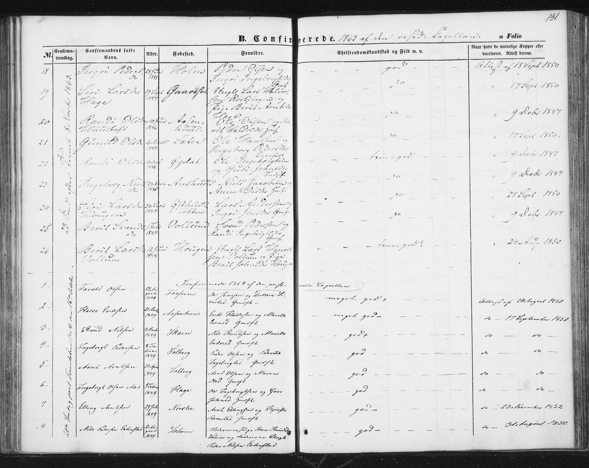 Ministerialprotokoller, klokkerbøker og fødselsregistre - Sør-Trøndelag, SAT/A-1456/689/L1038: Parish register (official) no. 689A03, 1848-1872, p. 131