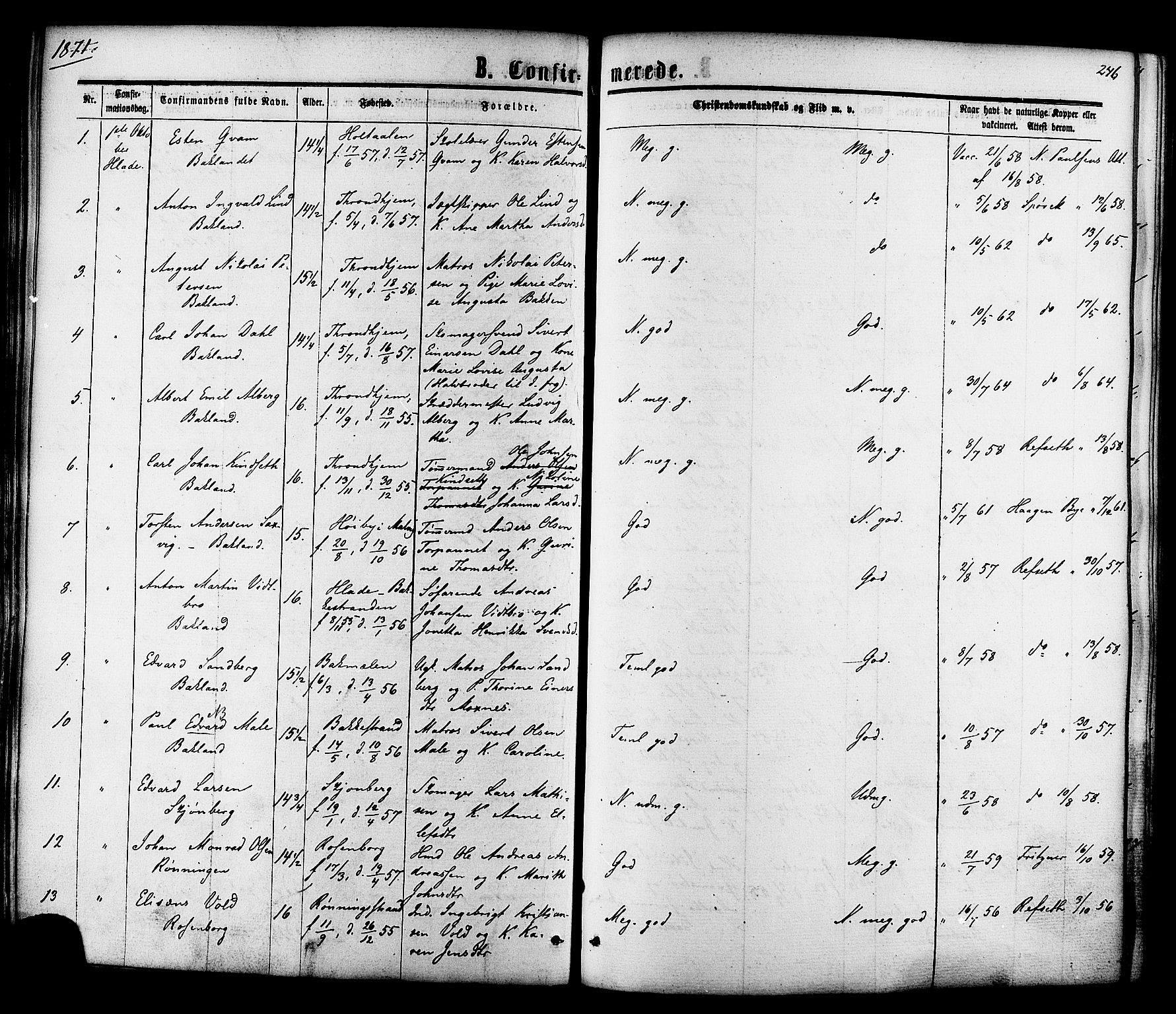 Ministerialprotokoller, klokkerbøker og fødselsregistre - Sør-Trøndelag, SAT/A-1456/606/L0293: Parish register (official) no. 606A08, 1866-1877, p. 246