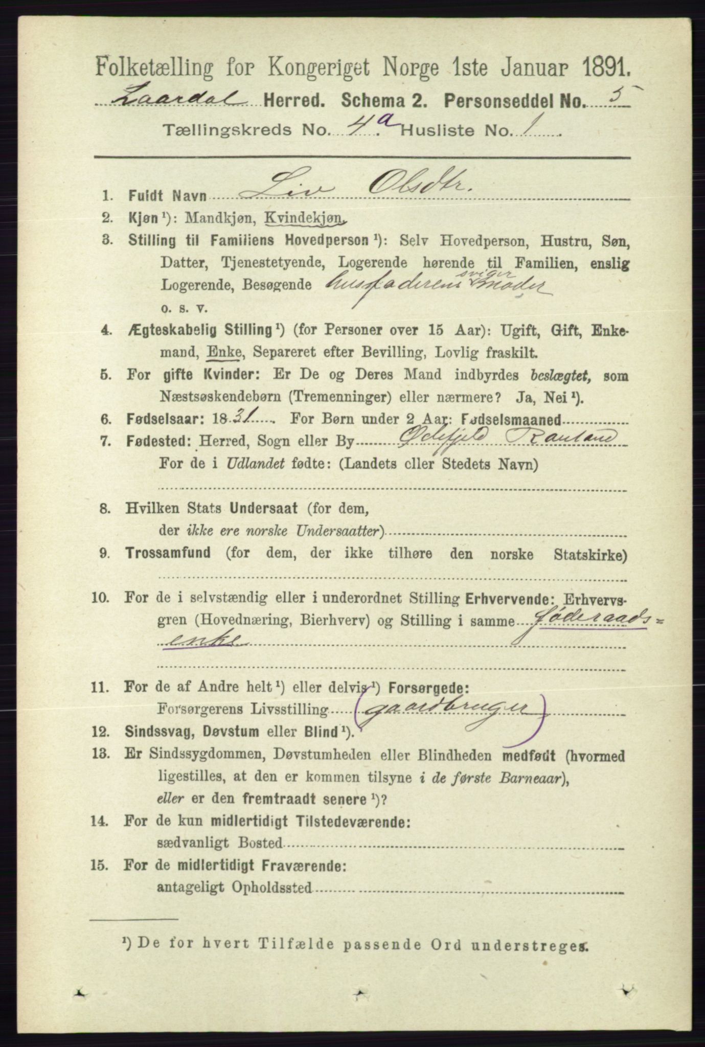 RA, 1891 census for 0833 Lårdal, 1891, p. 1029