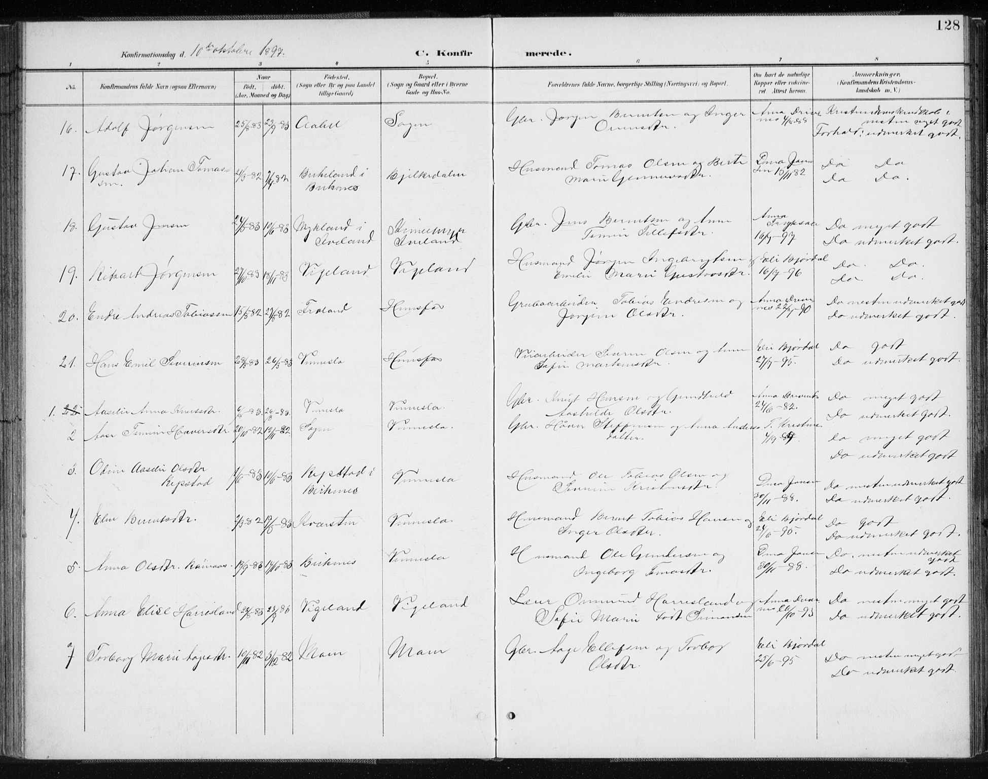 Vennesla sokneprestkontor, AV/SAK-1111-0045/Fa/Fab/L0005: Parish register (official) no. A 5, 1897-1909, p. 128