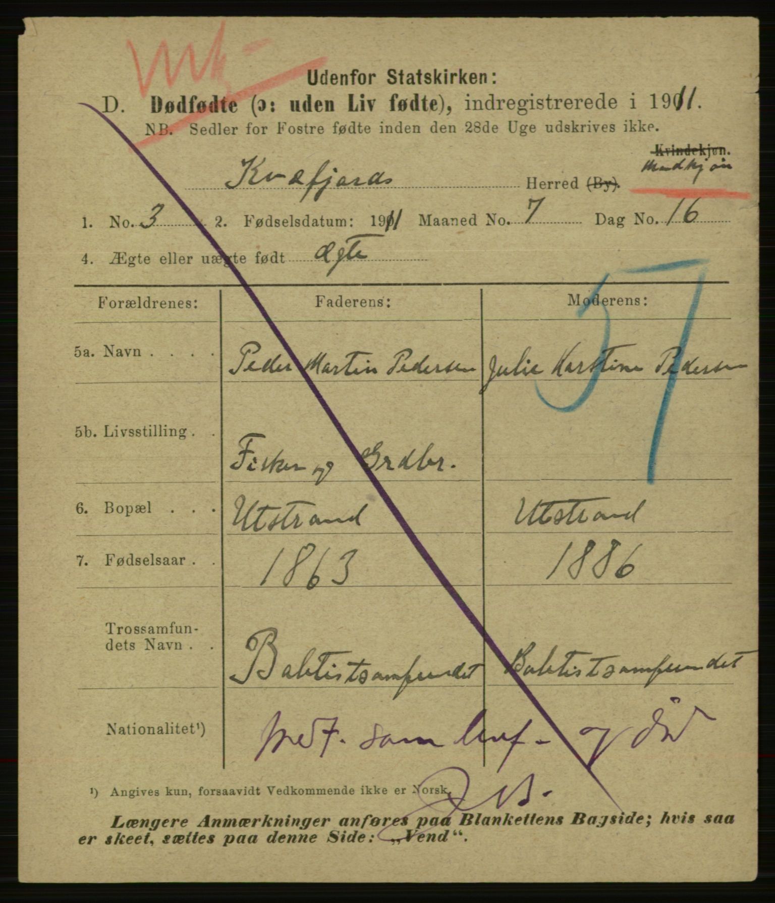 Statistisk sentralbyrå, Sosiodemografiske emner, Befolkning, AV/RA-S-2228/E/L0009: Fødte, gifte, døde dissentere., 1911, p. 3139