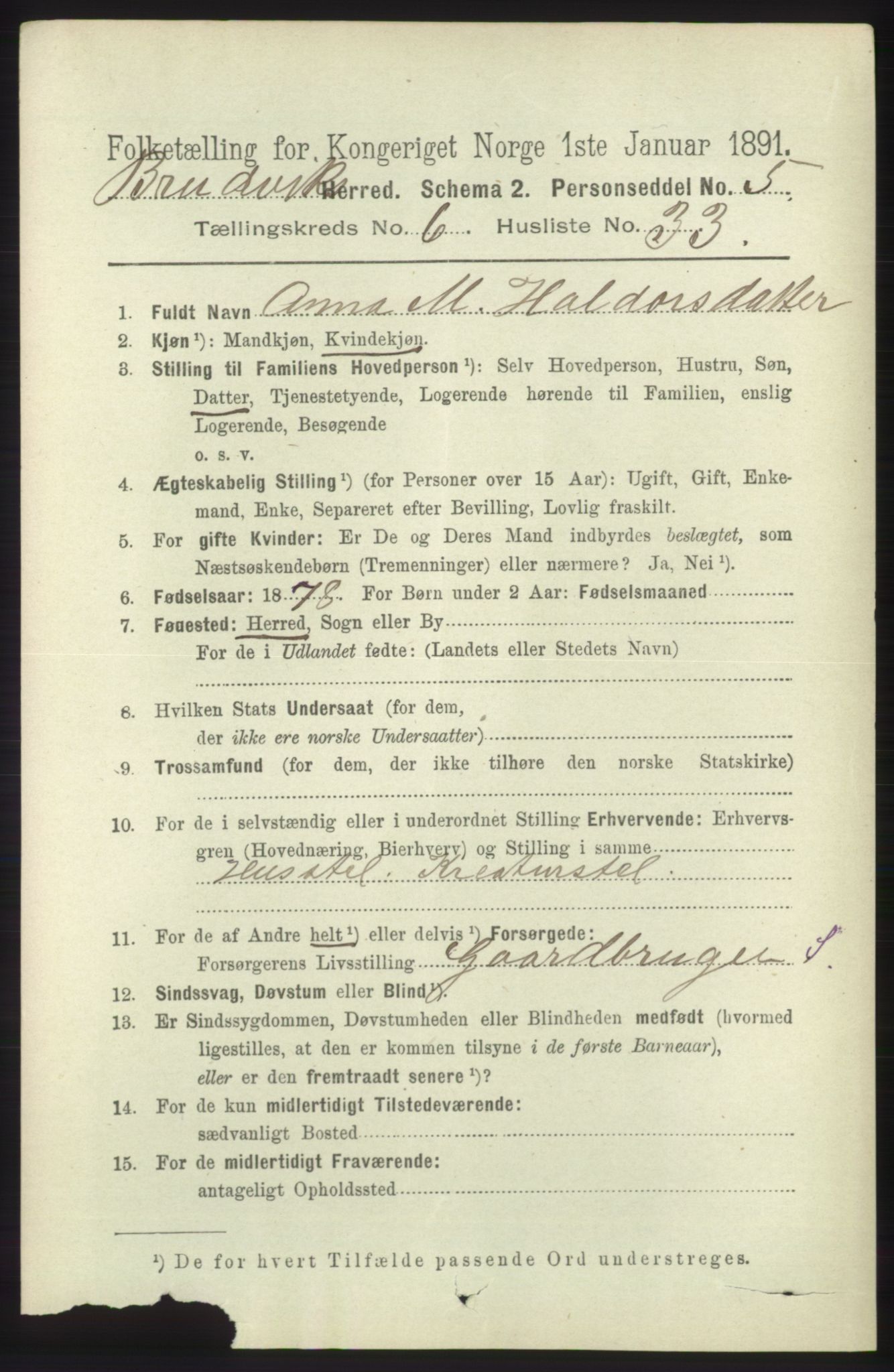 RA, 1891 census for 1251 Bruvik, 1891, p. 2005