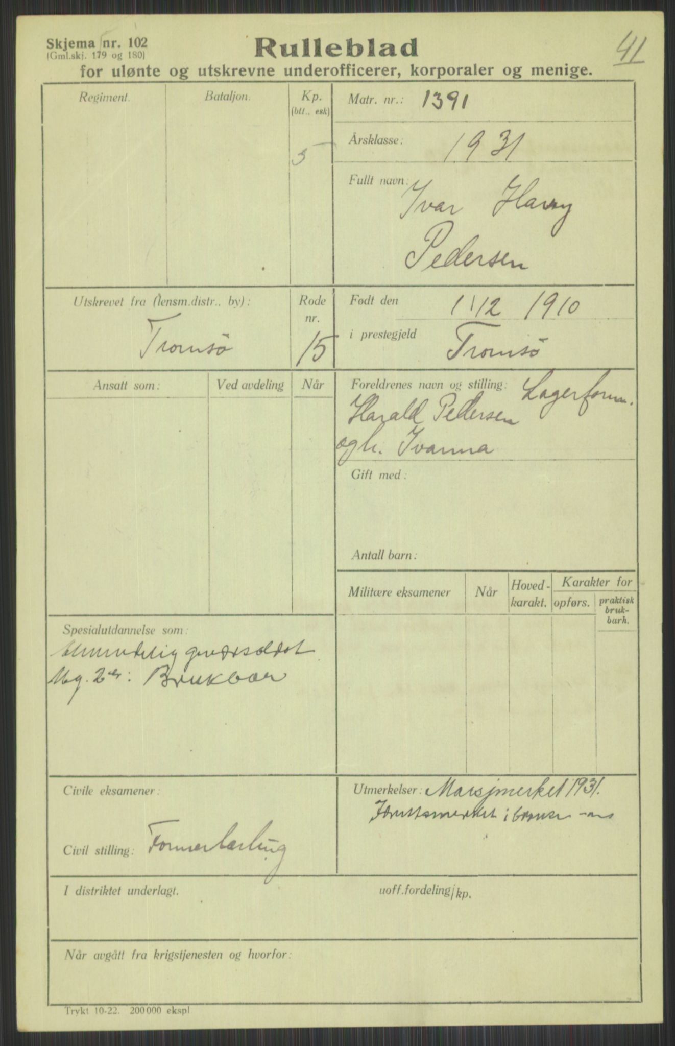 Forsvaret, Troms infanteriregiment nr. 16, AV/RA-RAFA-3146/P/Pa/L0015: Rulleblad for regimentets menige mannskaper, årsklasse 1931, 1931, p. 965