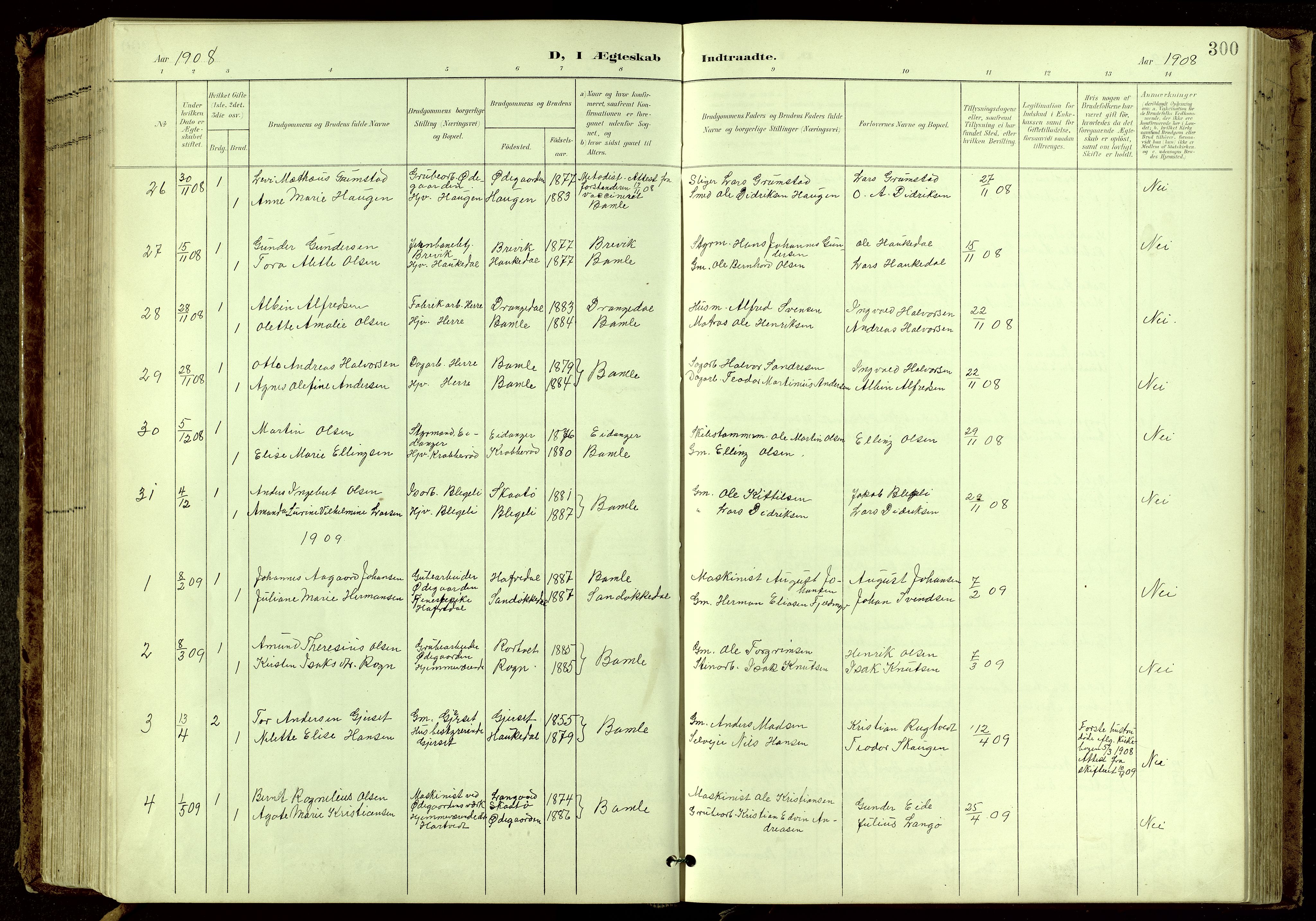 Bamble kirkebøker, SAKO/A-253/G/Ga/L0010: Parish register (copy) no. I 10, 1901-1919, p. 300