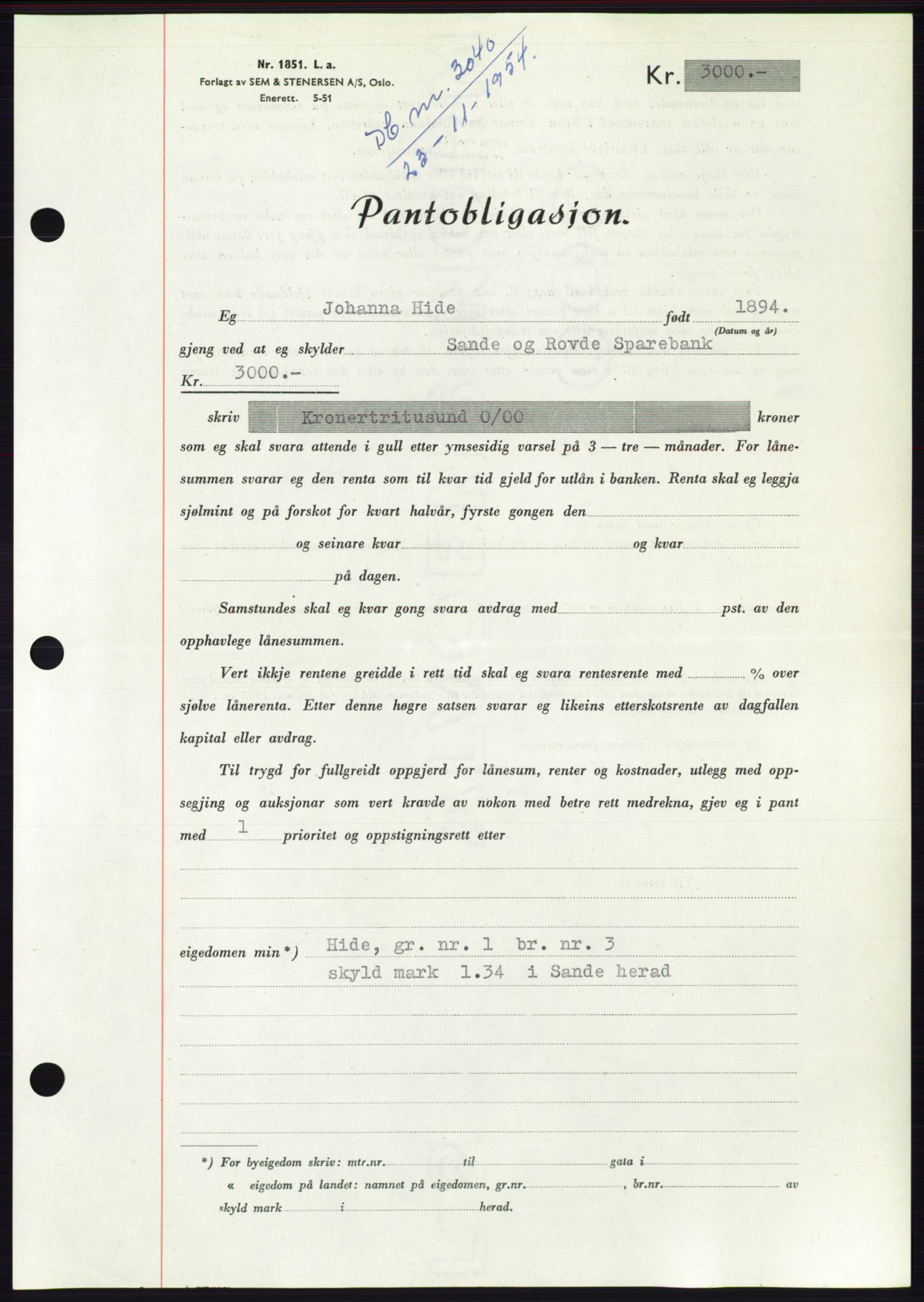 Søre Sunnmøre sorenskriveri, AV/SAT-A-4122/1/2/2C/L0126: Mortgage book no. 14B, 1954-1955, Diary no: : 3040/1954