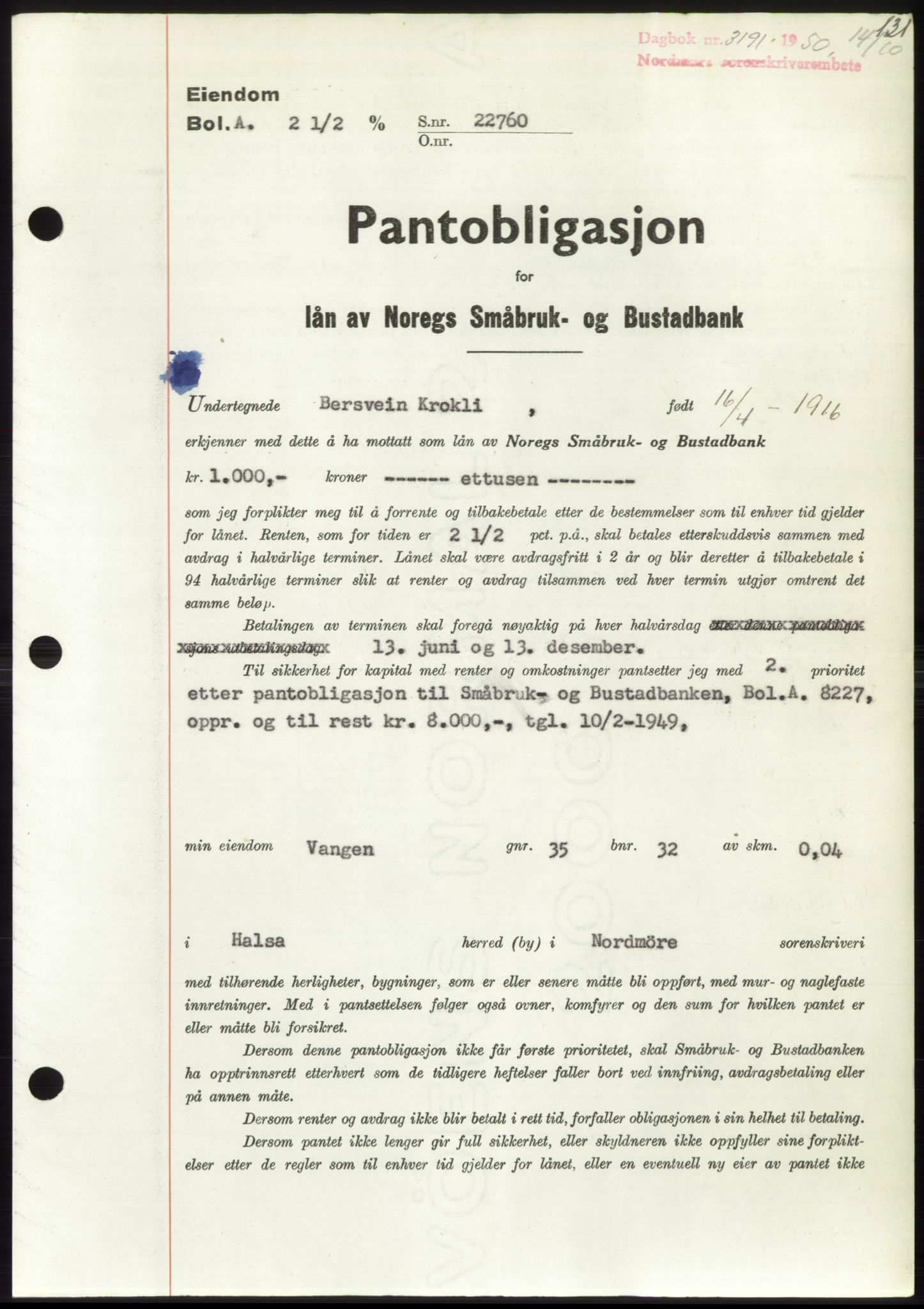 Nordmøre sorenskriveri, AV/SAT-A-4132/1/2/2Ca: Mortgage book no. B106, 1950-1950, Diary no: : 3191/1950