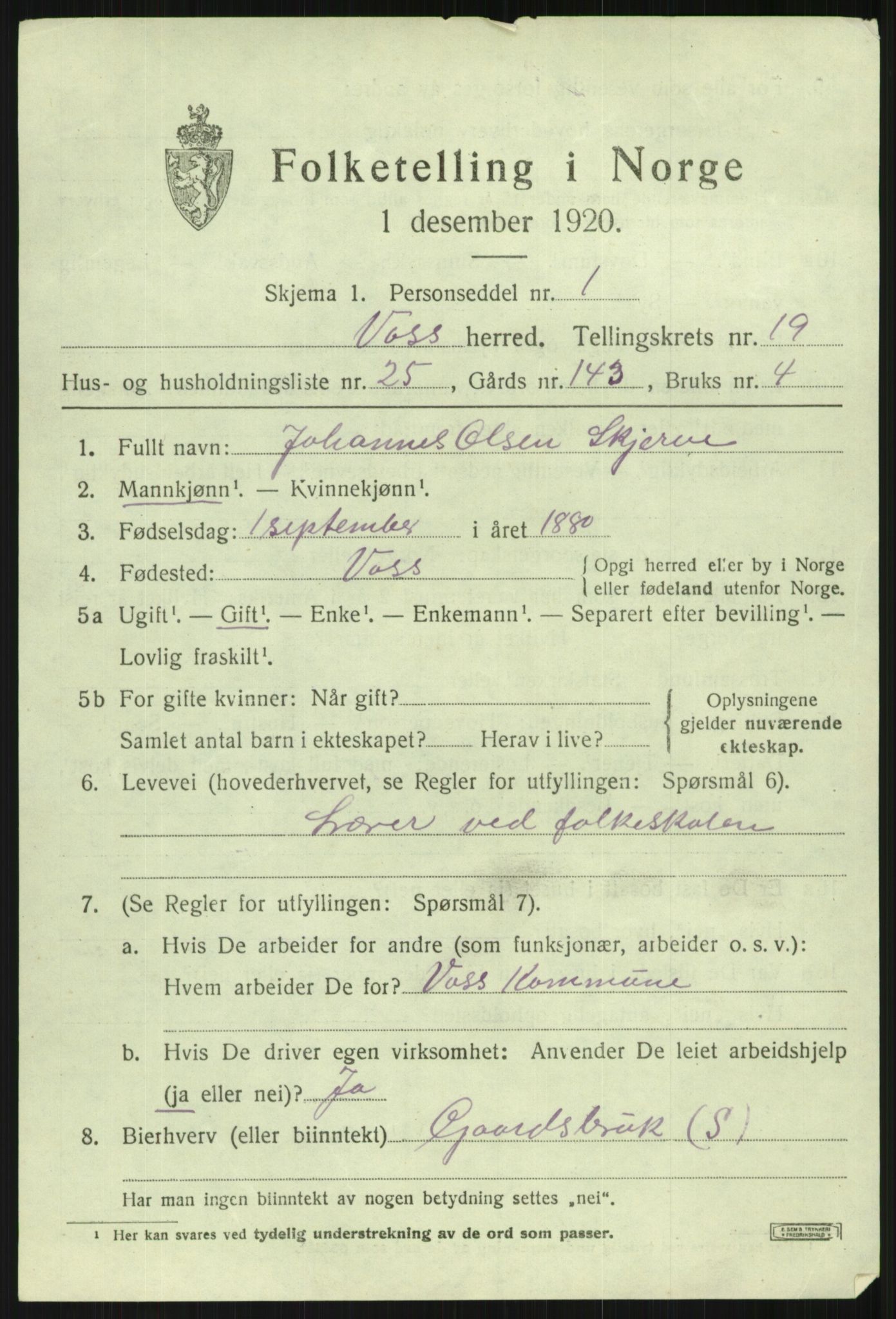 SAB, 1920 census for Voss, 1920, p. 14723