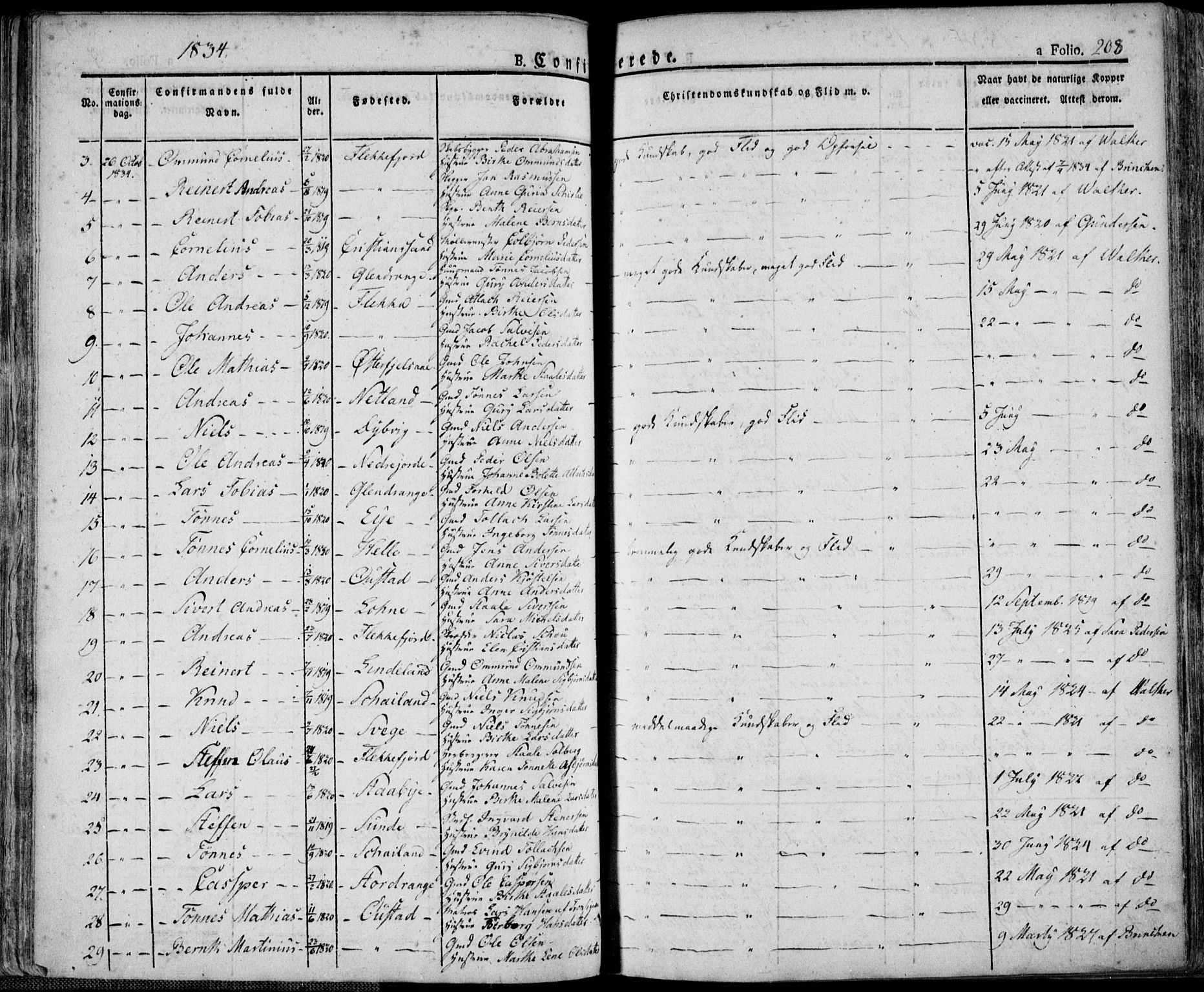 Flekkefjord sokneprestkontor, SAK/1111-0012/F/Fa/Fac/L0003: Parish register (official) no. A 3, 1826-1841, p. 208