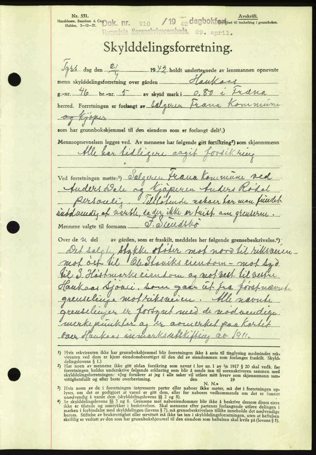 Romsdal sorenskriveri, AV/SAT-A-4149/1/2/2C: Mortgage book no. A12, 1942-1942, Diary no: : 910/1942