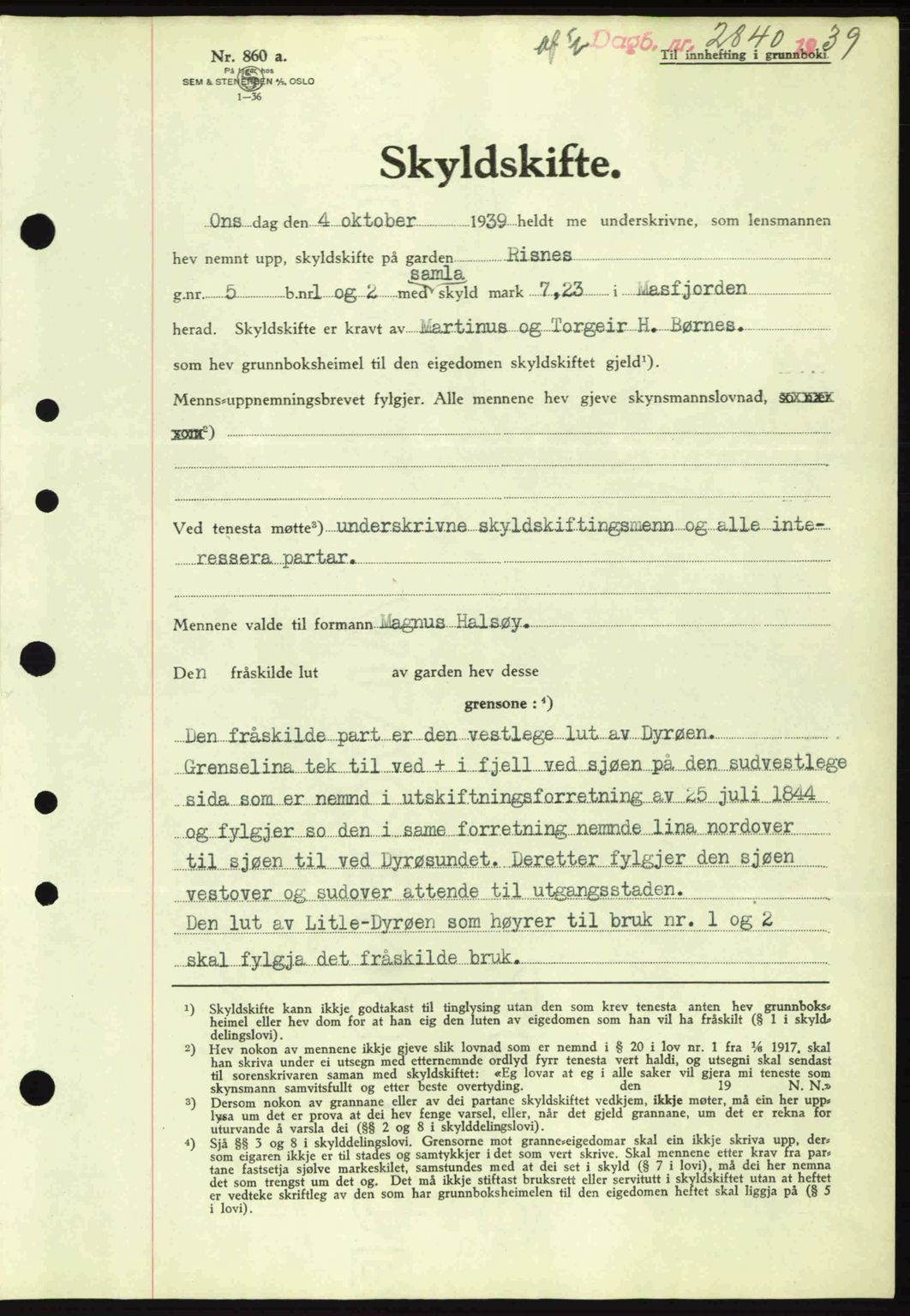 Nordhordland sorenskrivar, AV/SAB-A-2901/1/G/Gb/Gbf/L0010: Mortgage book no. A10, 1939-1940, Diary no: : 2840/1939