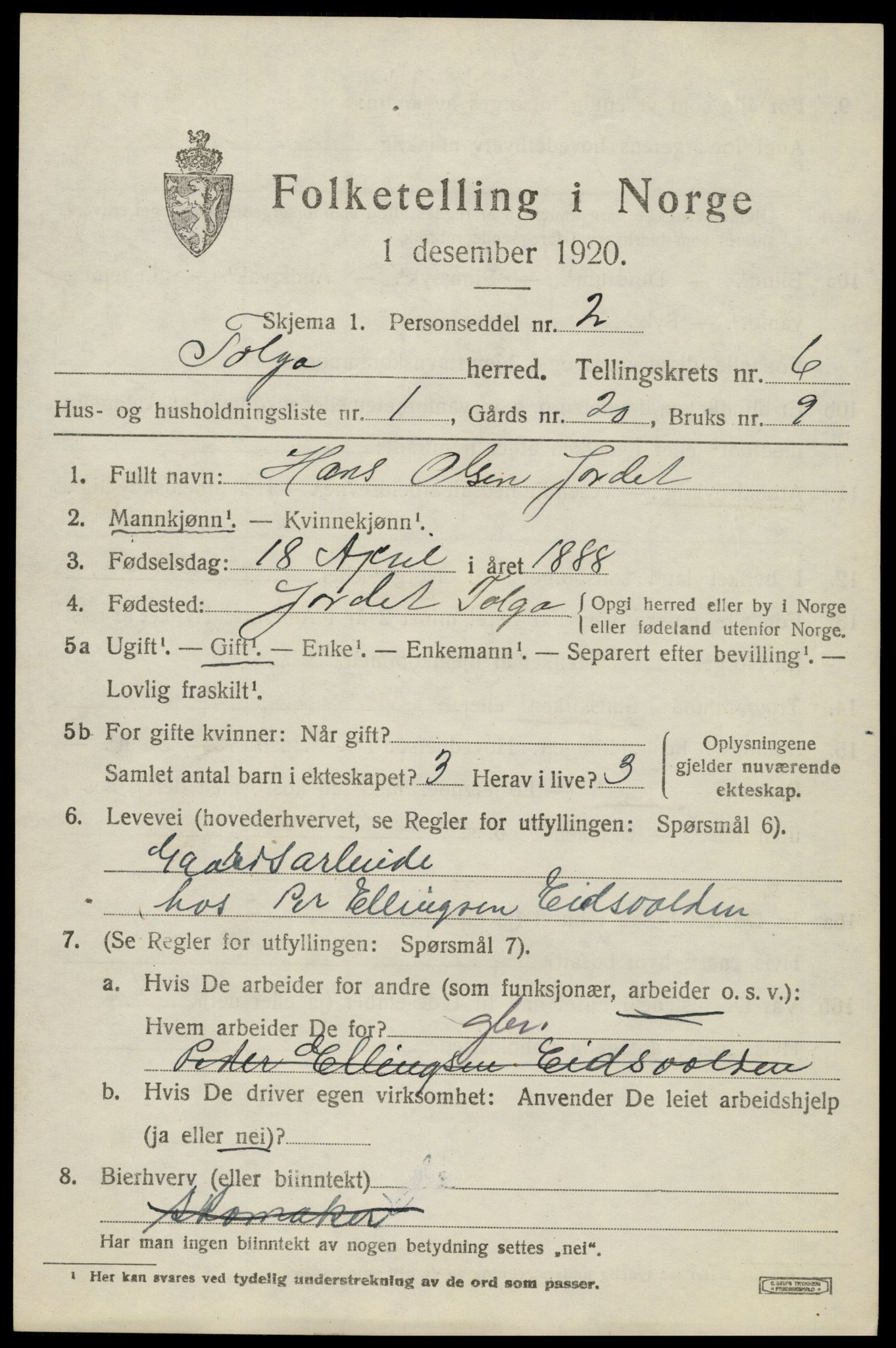 SAH, 1920 census for Tolga, 1920, p. 3629