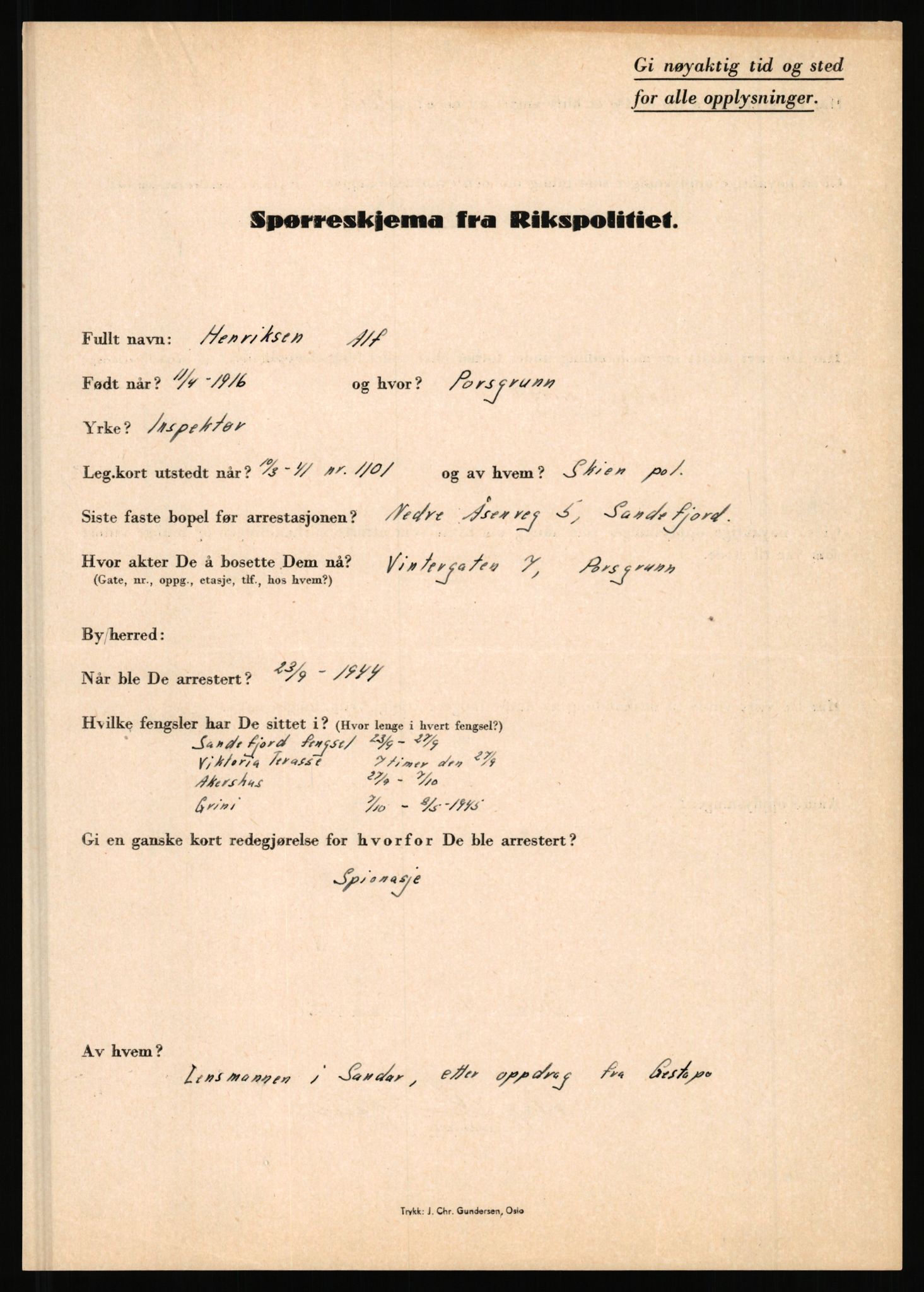 Rikspolitisjefen, AV/RA-S-1560/L/L0007: Heen, Erik C. - Iversen, Trygve, 1940-1945, p. 45