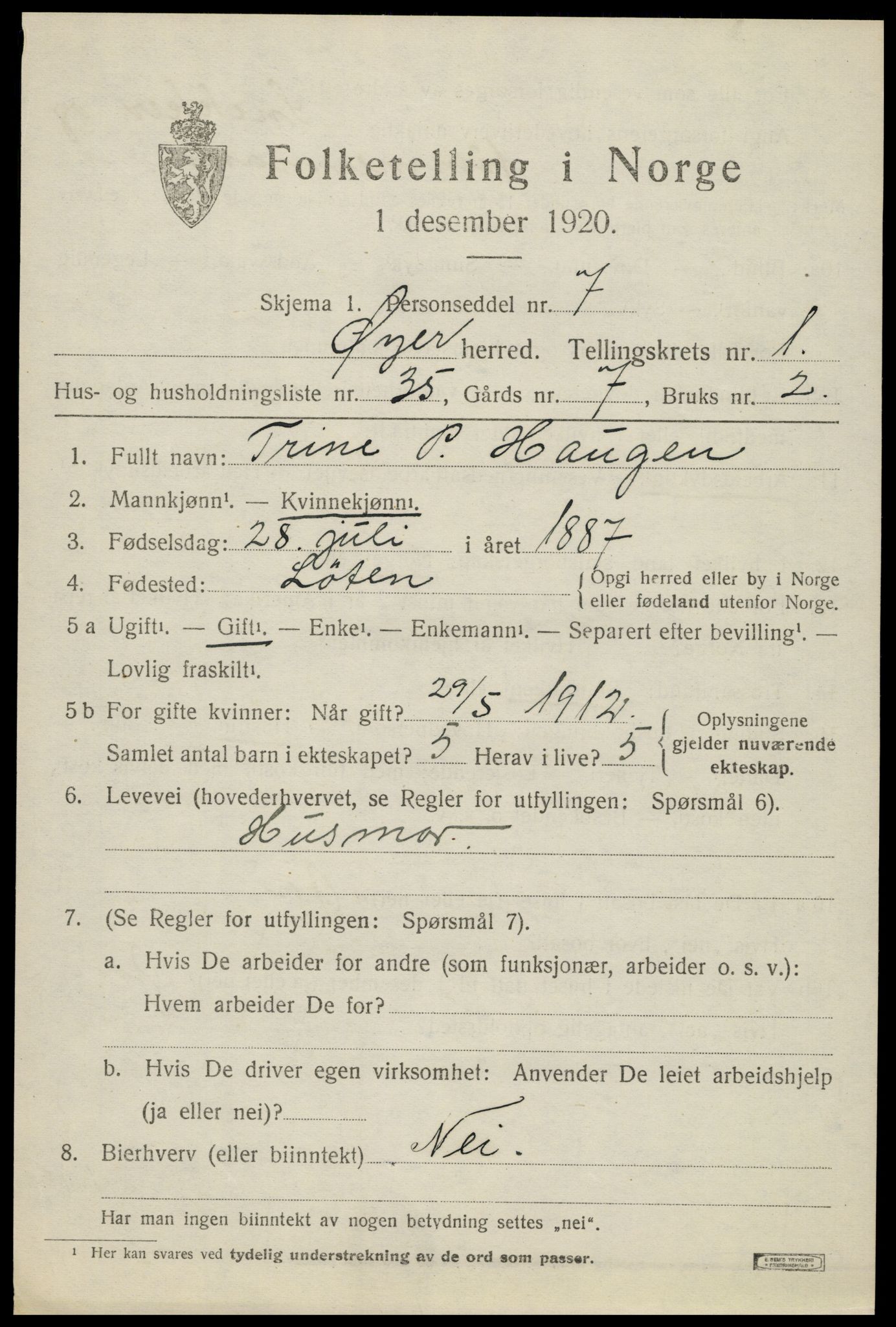 SAH, 1920 census for Øyer, 1920, p. 1603