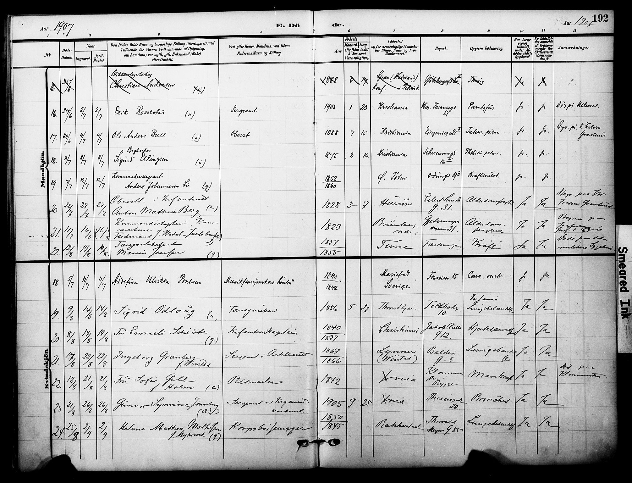 Garnisonsmenigheten Kirkebøker, AV/SAO-A-10846/F/Fa/L0014: Parish register (official) no. 14, 1905-1914, p. 192