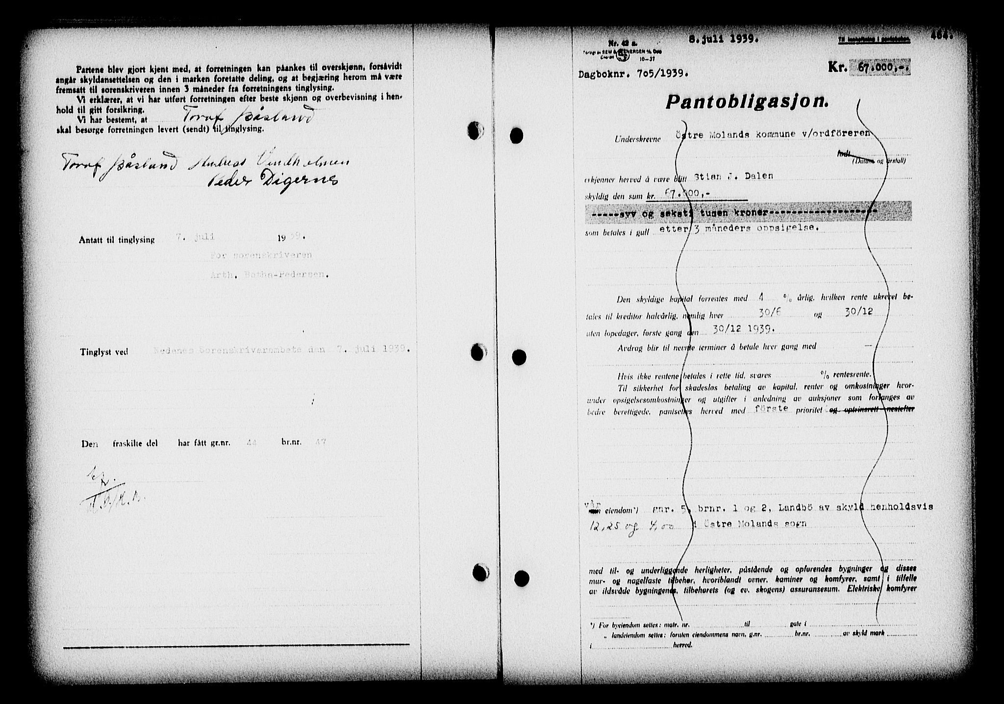 Nedenes sorenskriveri, SAK/1221-0006/G/Gb/Gba/L0046: Mortgage book no. 42, 1938-1939, Diary no: : 705/1939