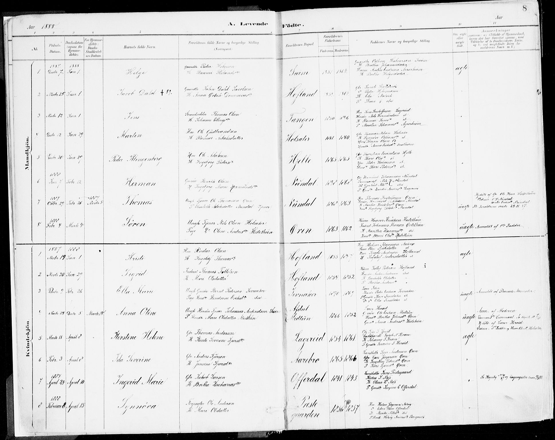 Årdal sokneprestembete, SAB/A-81701: Parish register (official) no. A 5, 1887-1917, p. 8