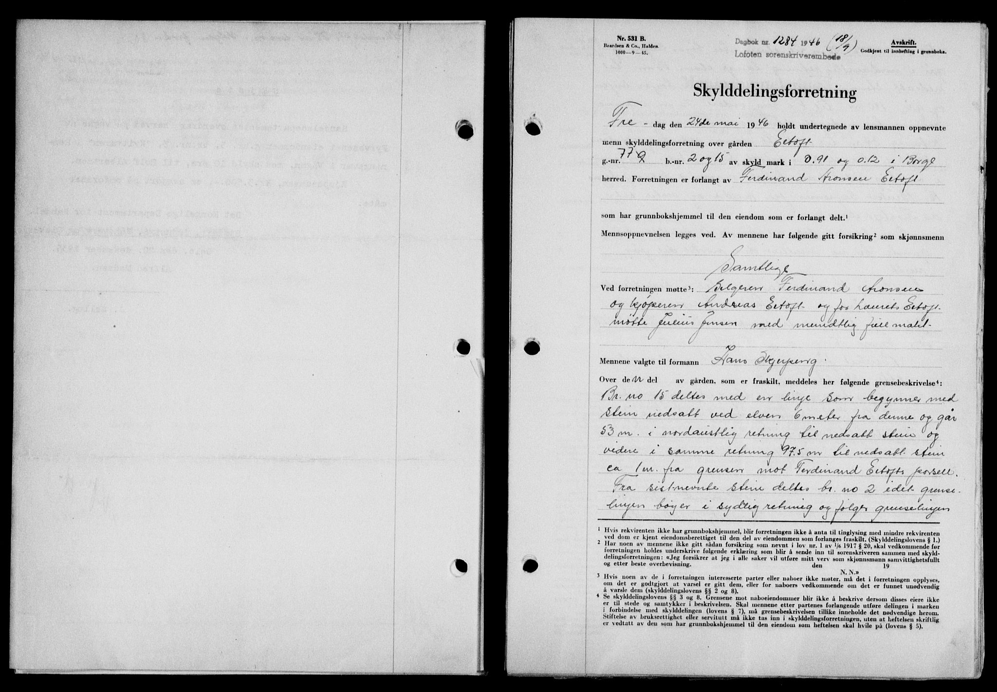 Lofoten sorenskriveri, SAT/A-0017/1/2/2C/L0014a: Mortgage book no. 14a, 1946-1946, Diary no: : 1284/1946