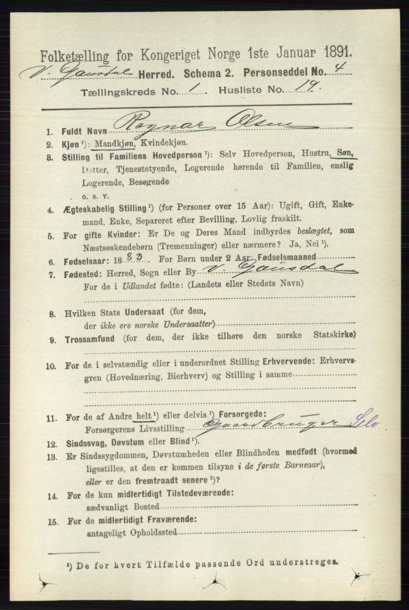 RA, 1891 census for 0523 Vestre Gausdal, 1891, p. 165