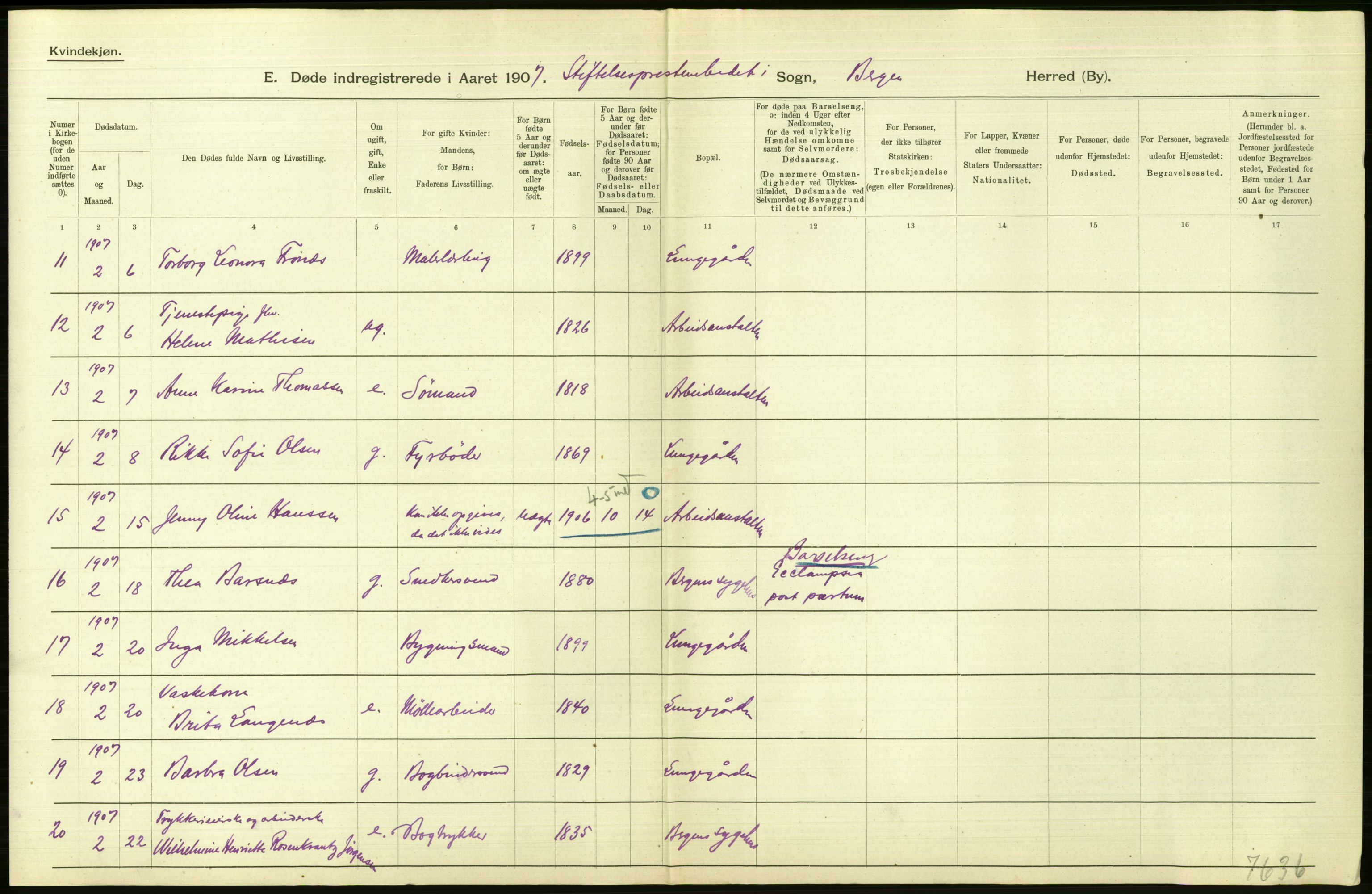 Statistisk sentralbyrå, Sosiodemografiske emner, Befolkning, AV/RA-S-2228/D/Df/Dfa/Dfae/L0031: Bergen: gifte, døde, dødfødte., 1907, p. 176