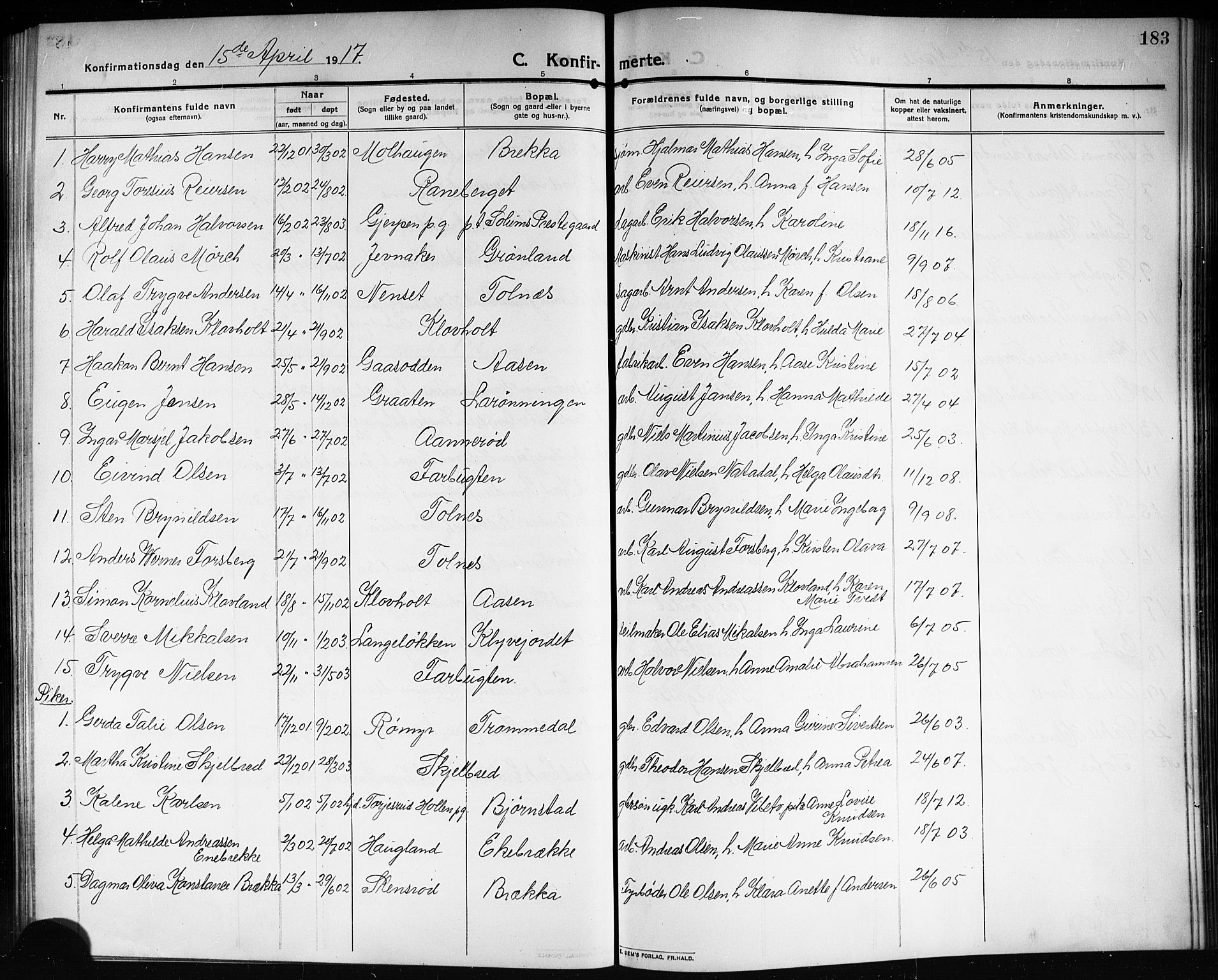 Solum kirkebøker, SAKO/A-306/G/Ga/L0009: Parish register (copy) no. I 9, 1909-1922, p. 183