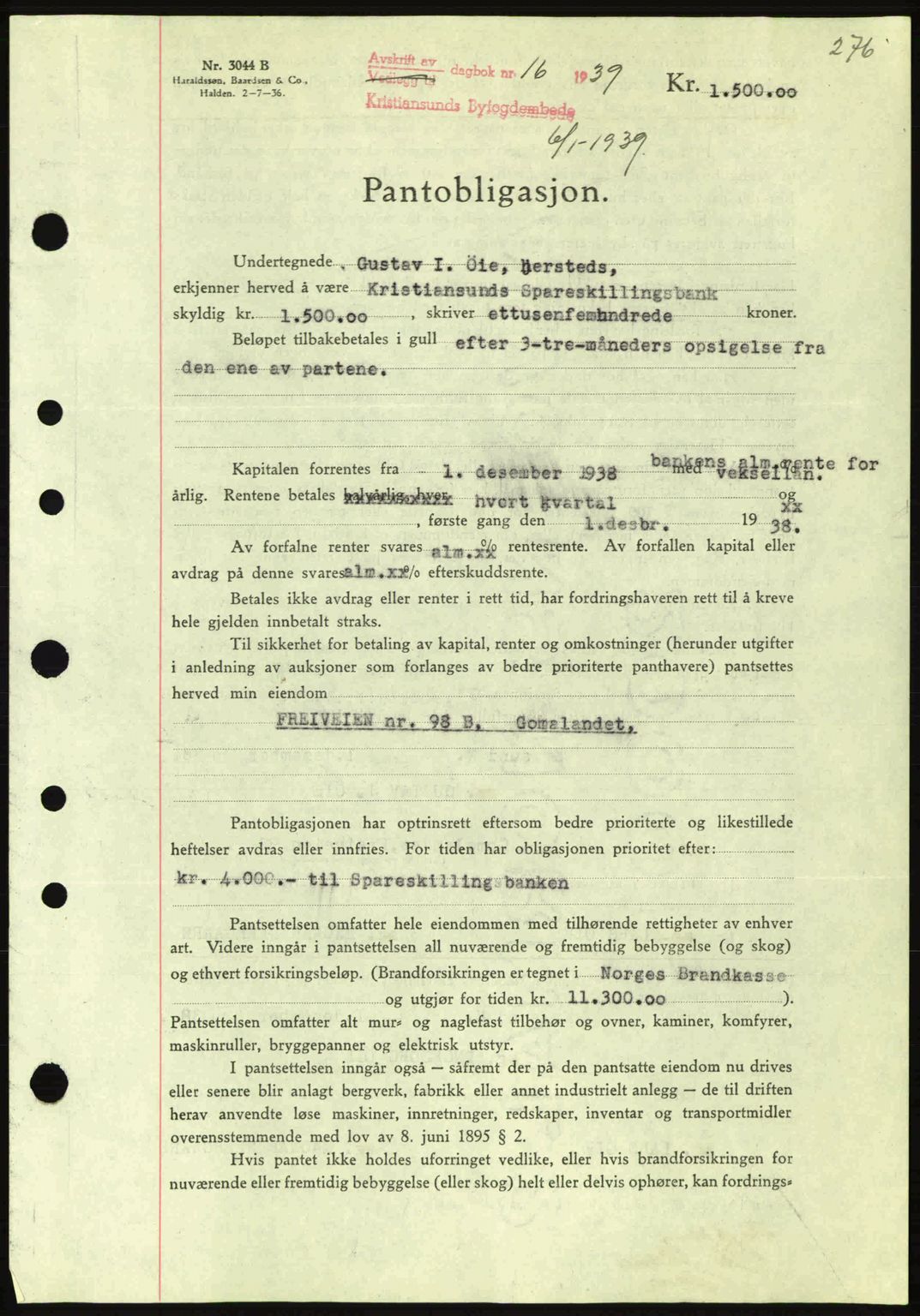 Kristiansund byfogd, AV/SAT-A-4587/A/27: Mortgage book no. 31, 1938-1939, Diary no: : 16/1939